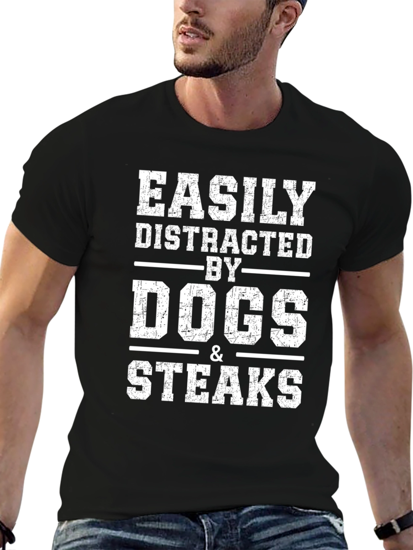 Easily Distracted By Dogs & Steaks Black T-Shirt