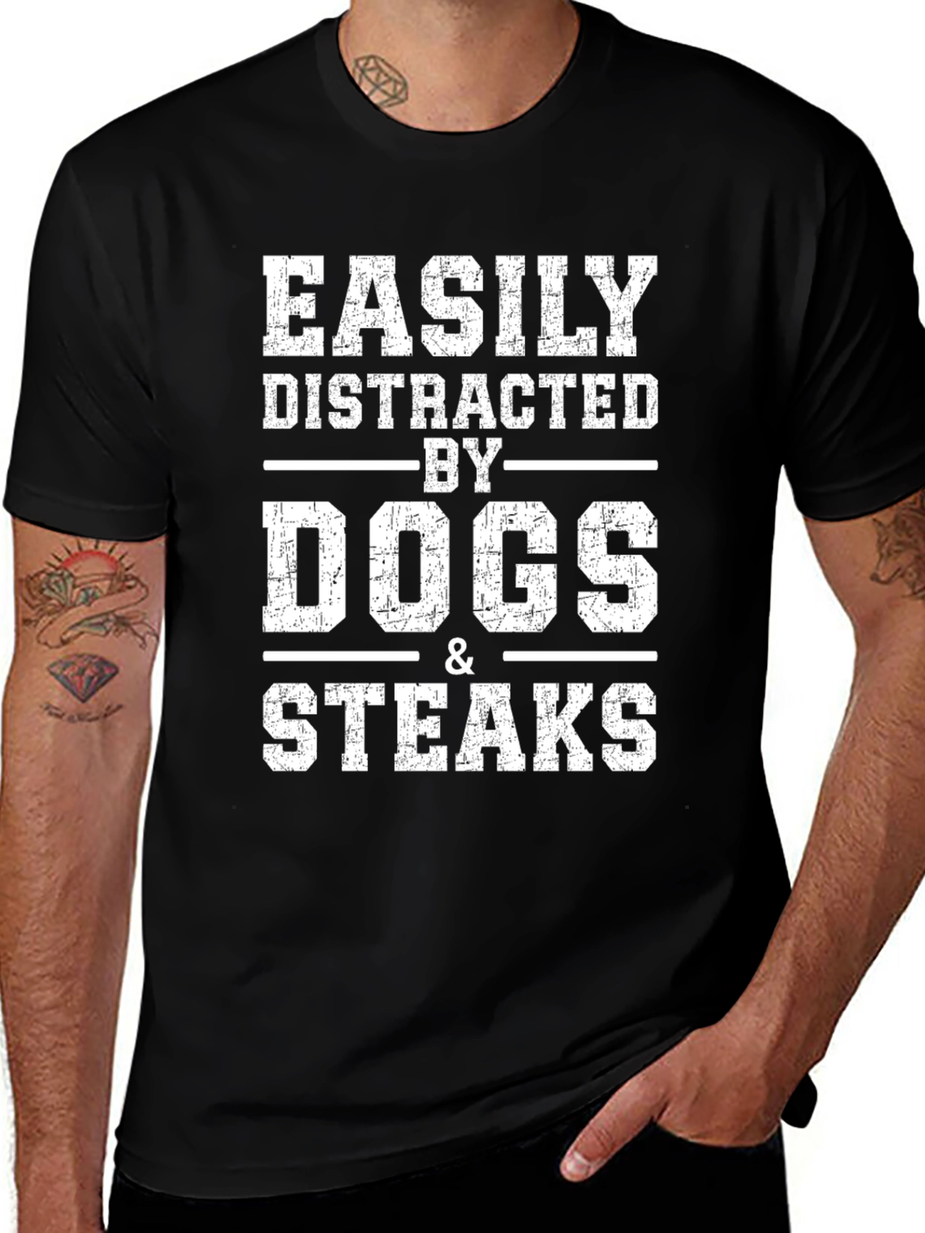 Easily Distracted By Dogs & Steaks Black T-Shirt