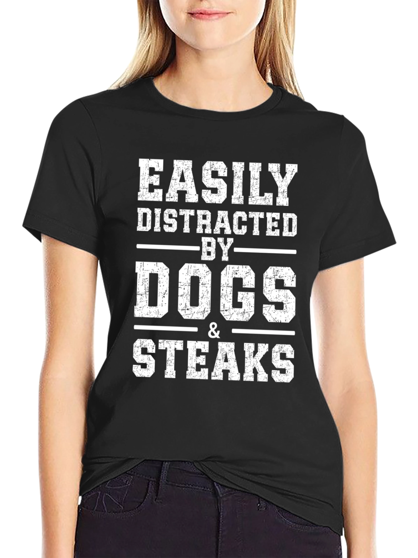 Easily Distracted By Dogs & Steaks Black T-Shirt