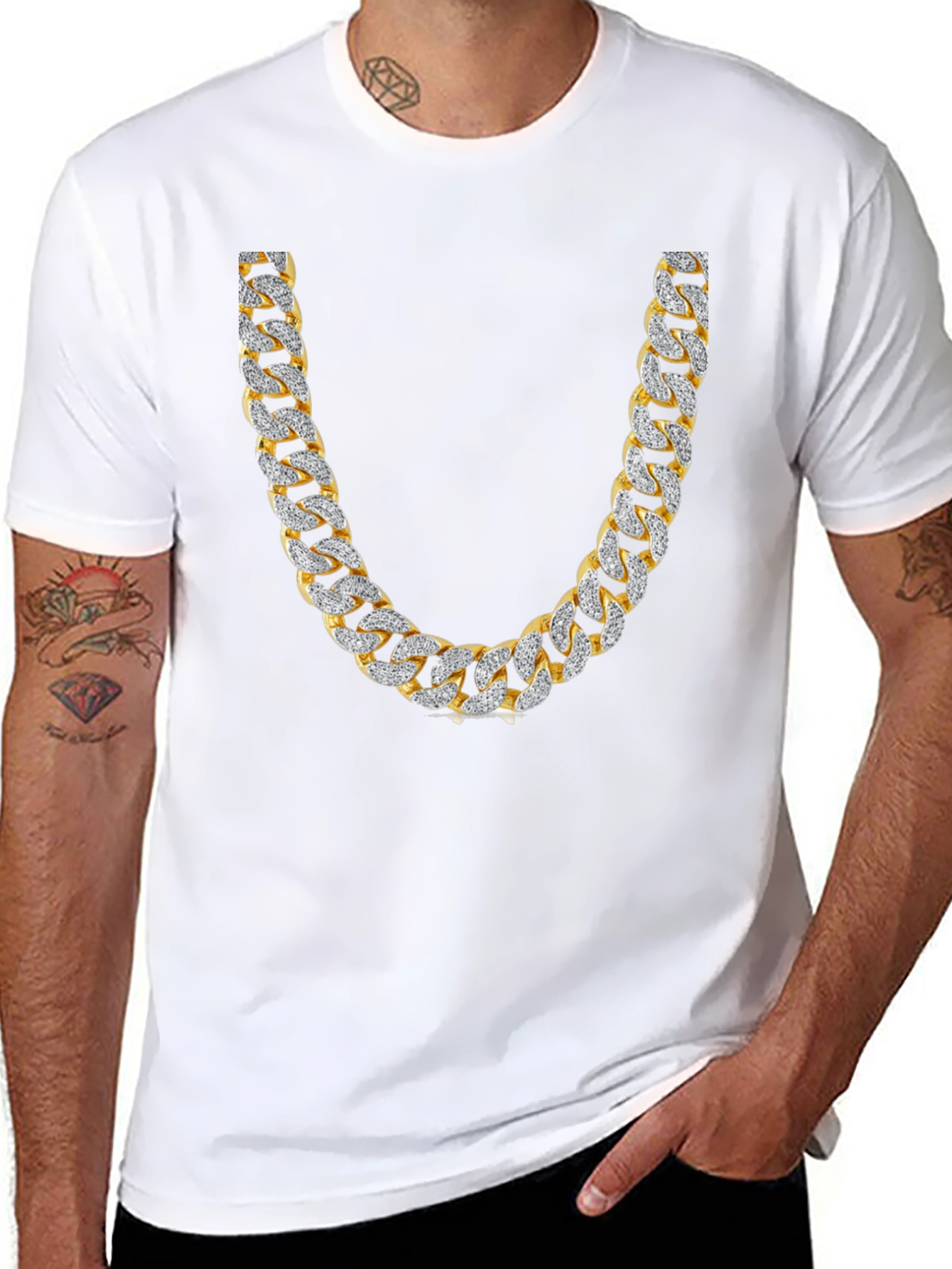 Mens Black T-Shirt with Gold & Diamond Chain Print