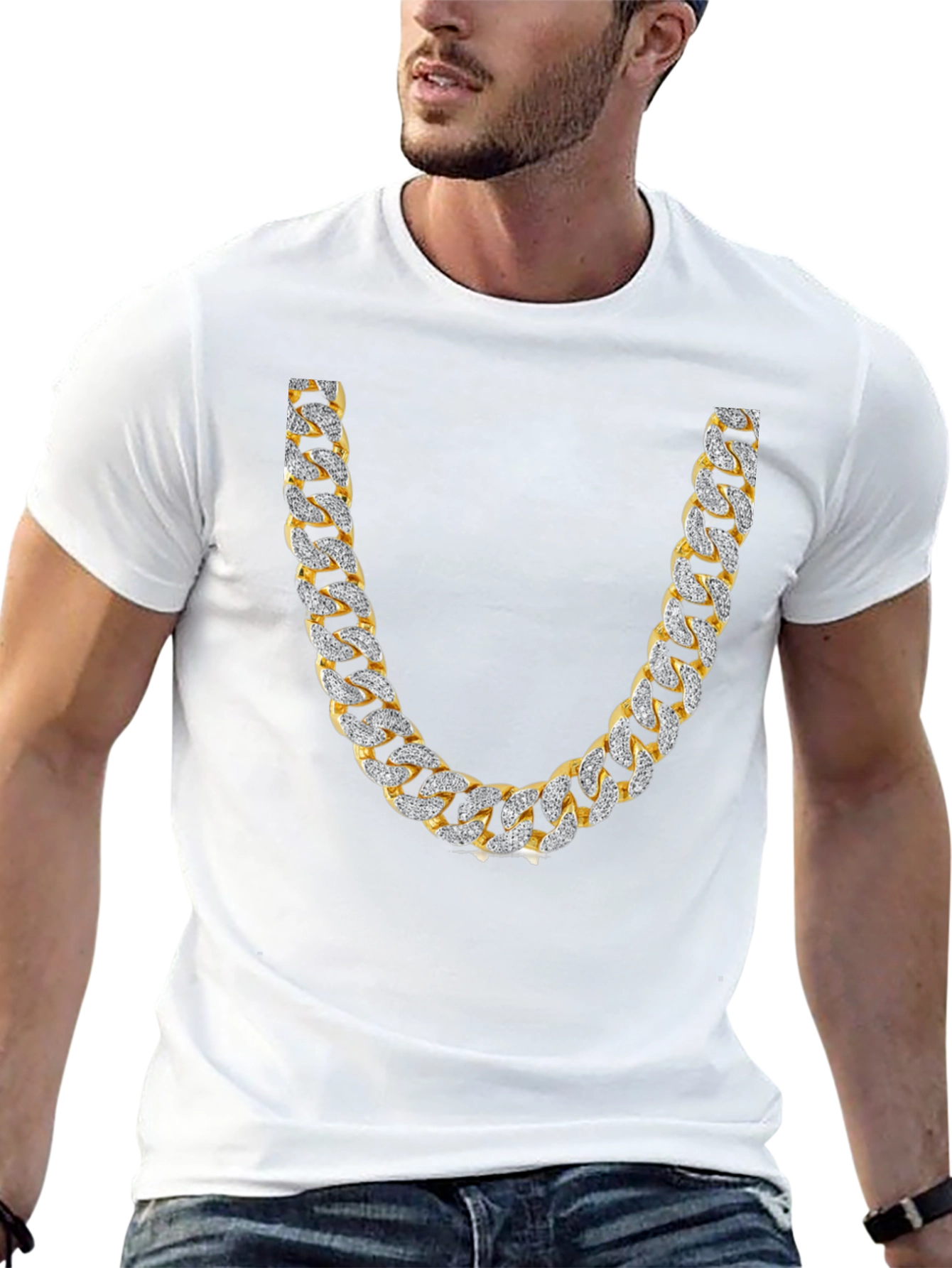 Mens Black T-Shirt with Gold & Diamond Chain Print