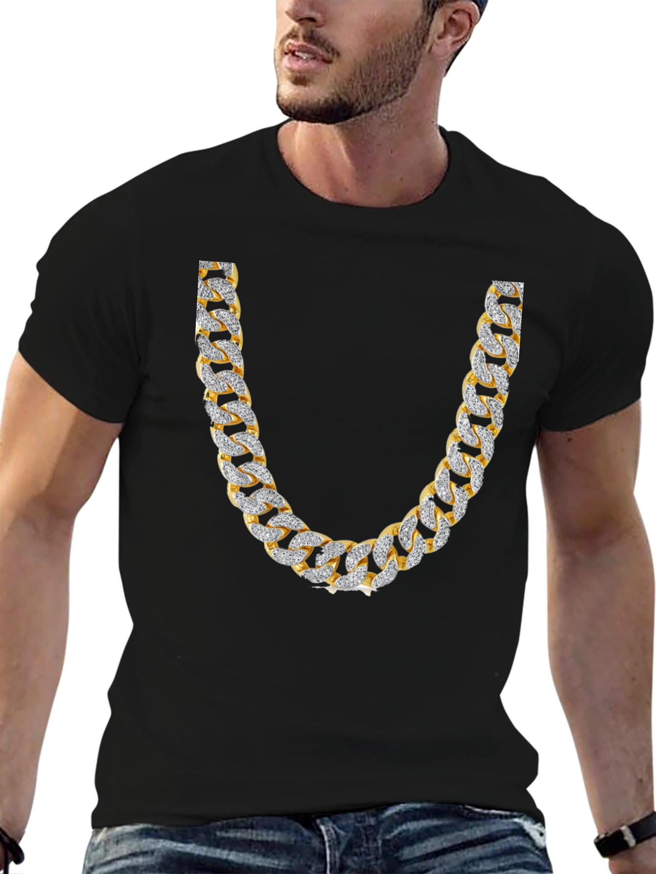 Mens Black T-Shirt with Gold & Diamond Chain Print