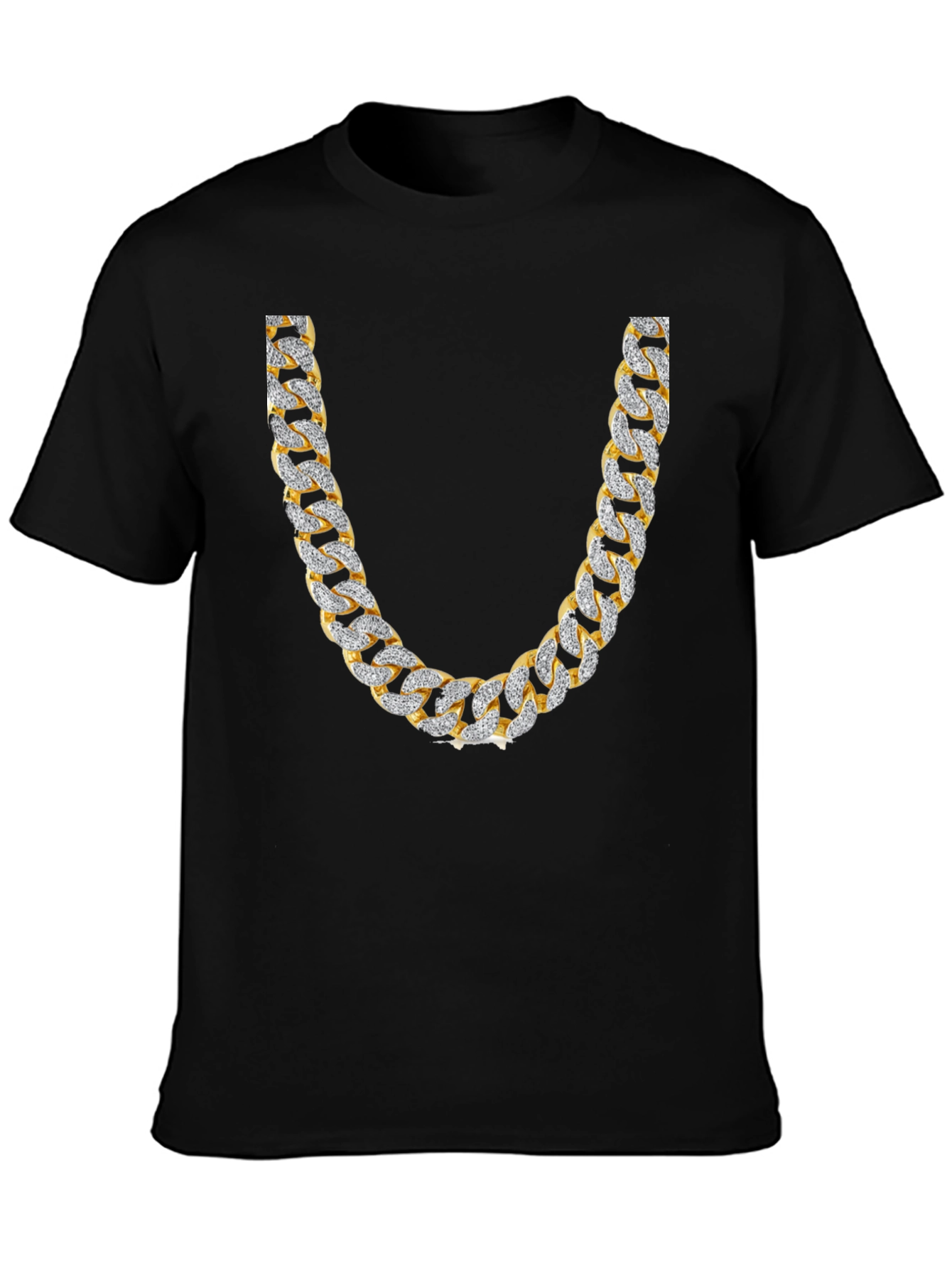 Mens Black T-Shirt with Gold & Diamond Chain Print