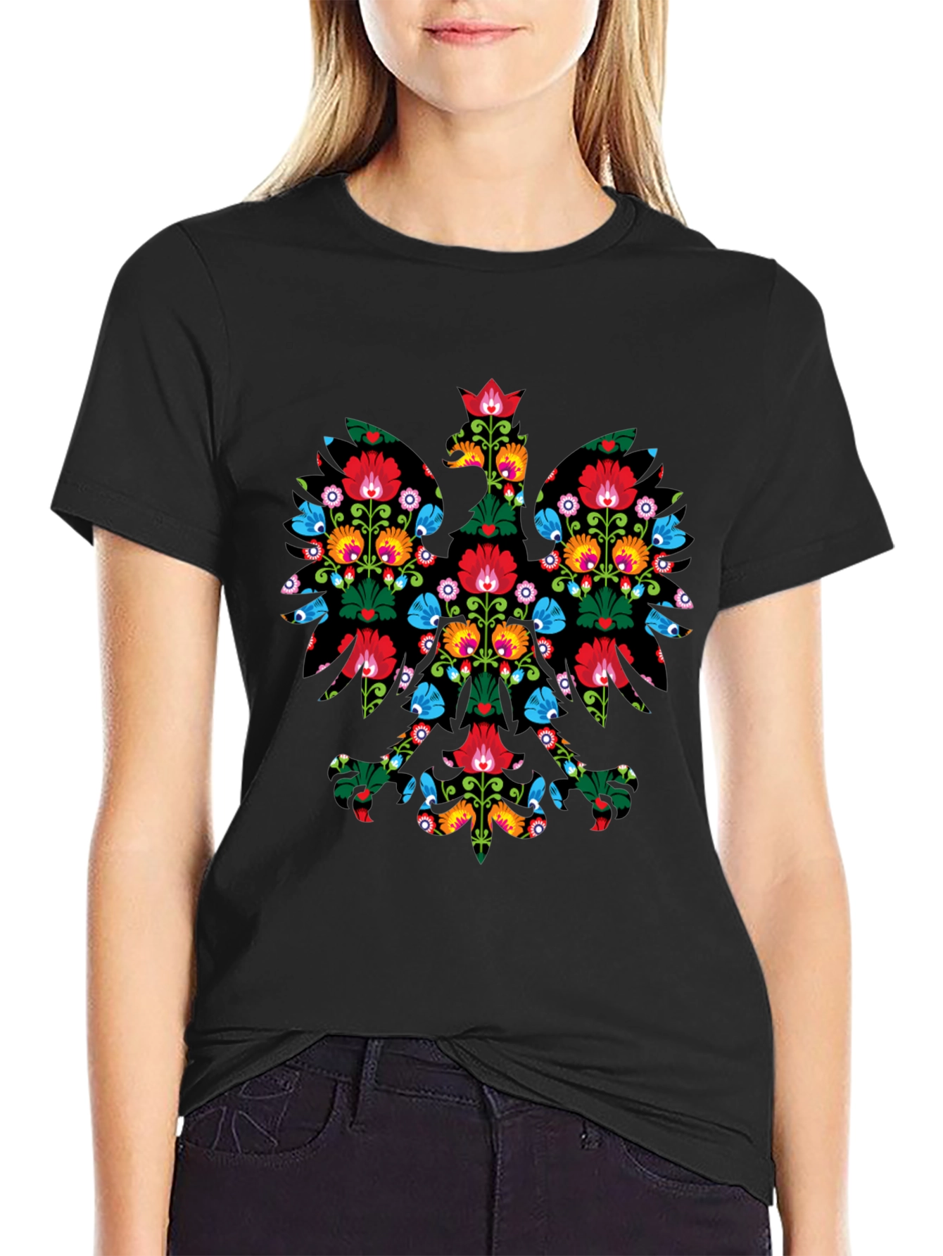 Floral Polish Eagle Mens Black T-Shirt