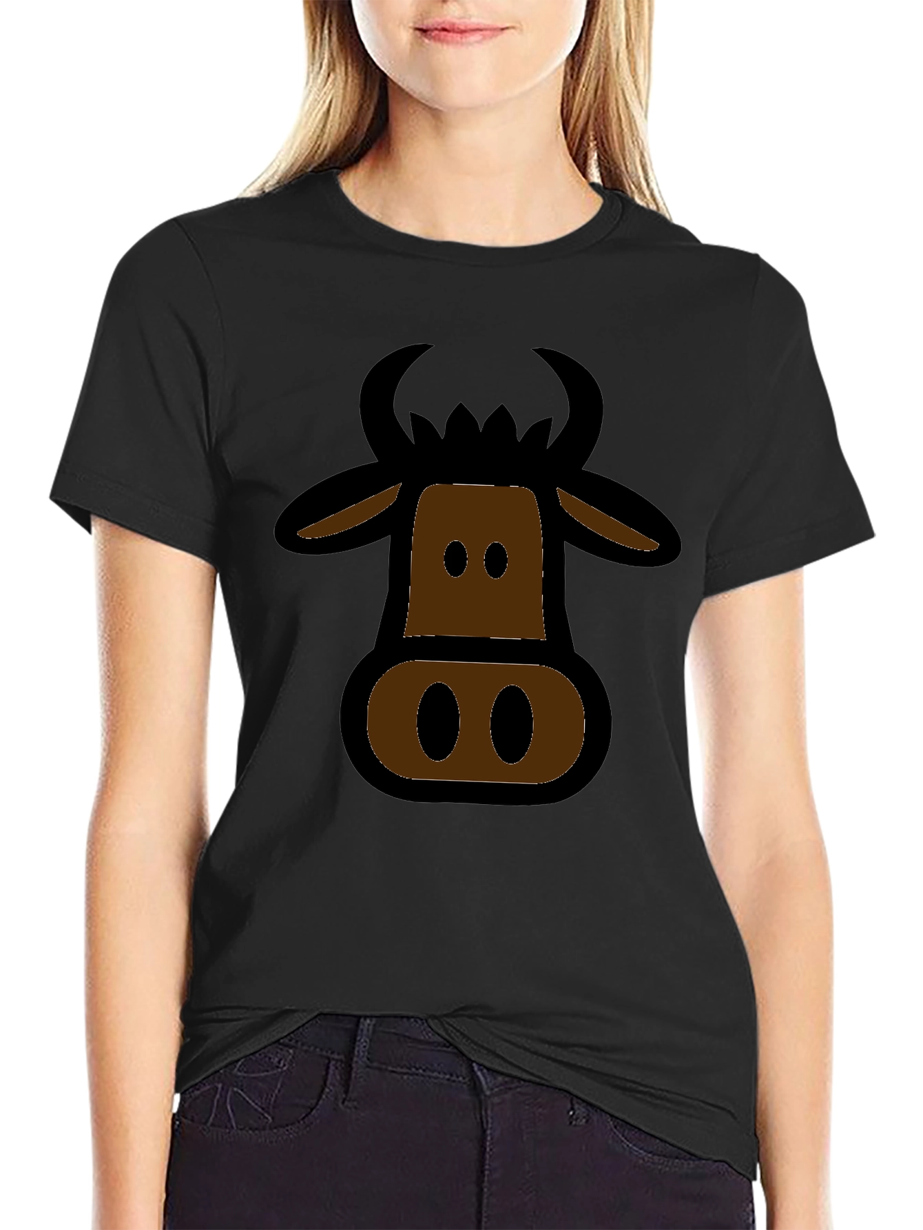 Cartoon Cow Graphic Black T-Shirt