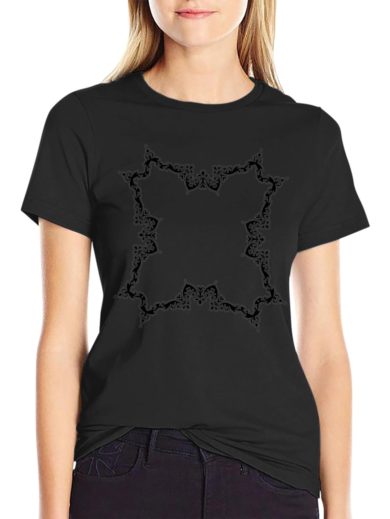 Elegant Black Tee with Ornamental Design