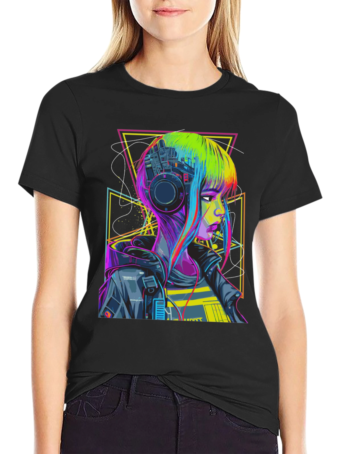 Cyberpunk Girl T-Shirt Geometric Design