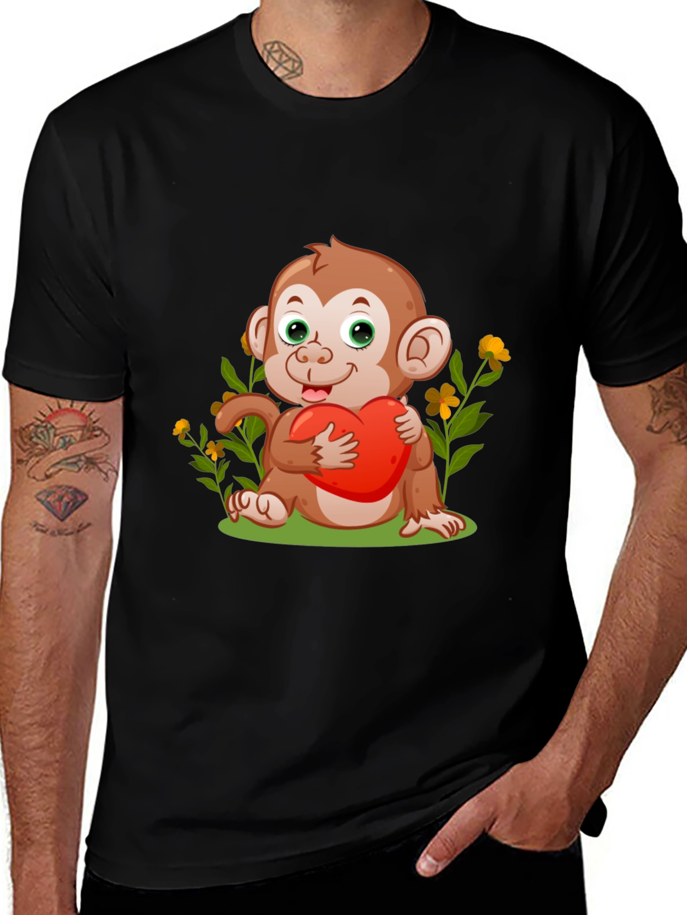 Cute Monkey with Heart Black T-Shirt