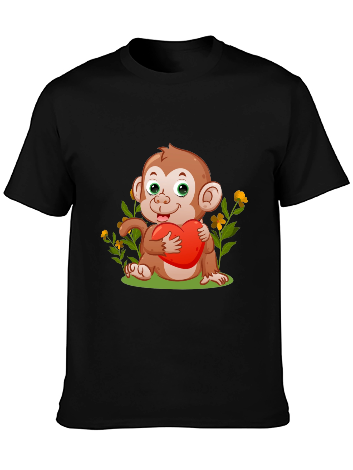 Cute Monkey with Heart Black T-Shirt