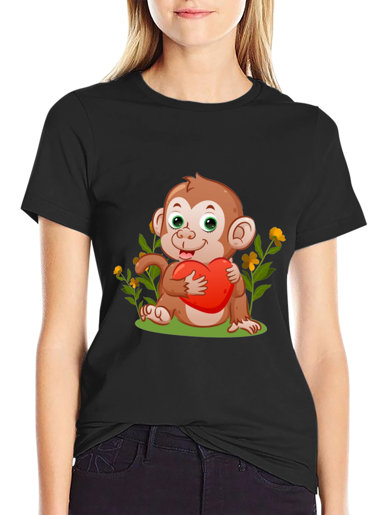 Cute Monkey with Heart Black T-Shirt