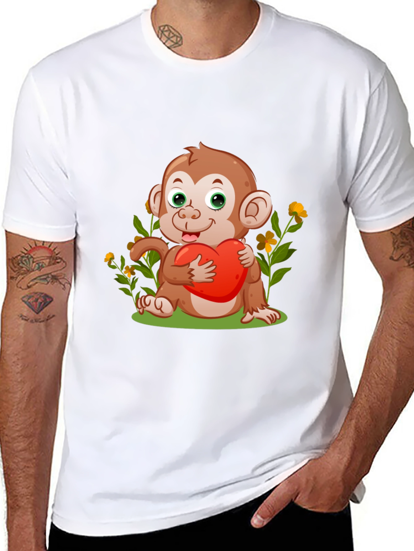 Cute Monkey with Heart Black T-Shirt