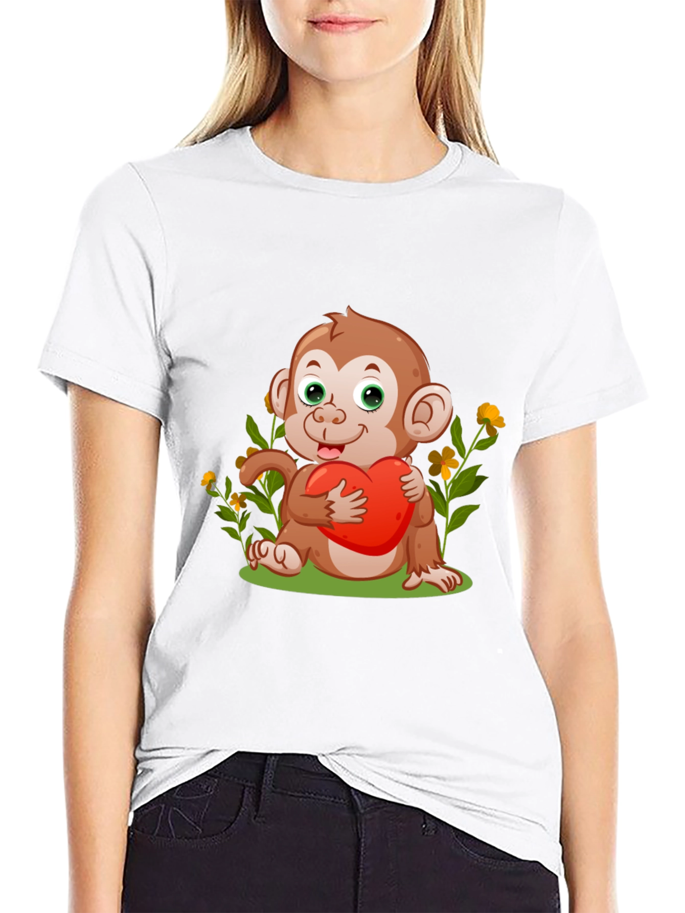 Cute Monkey with Heart Black T-Shirt