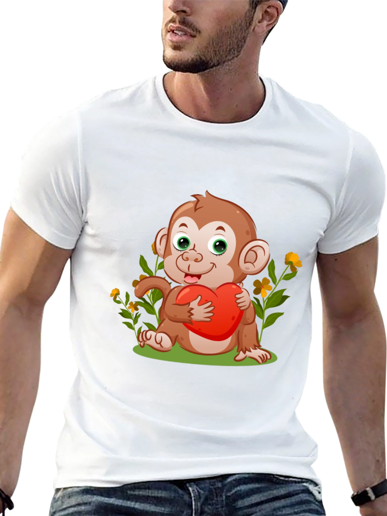 Cute Monkey with Heart Black T-Shirt