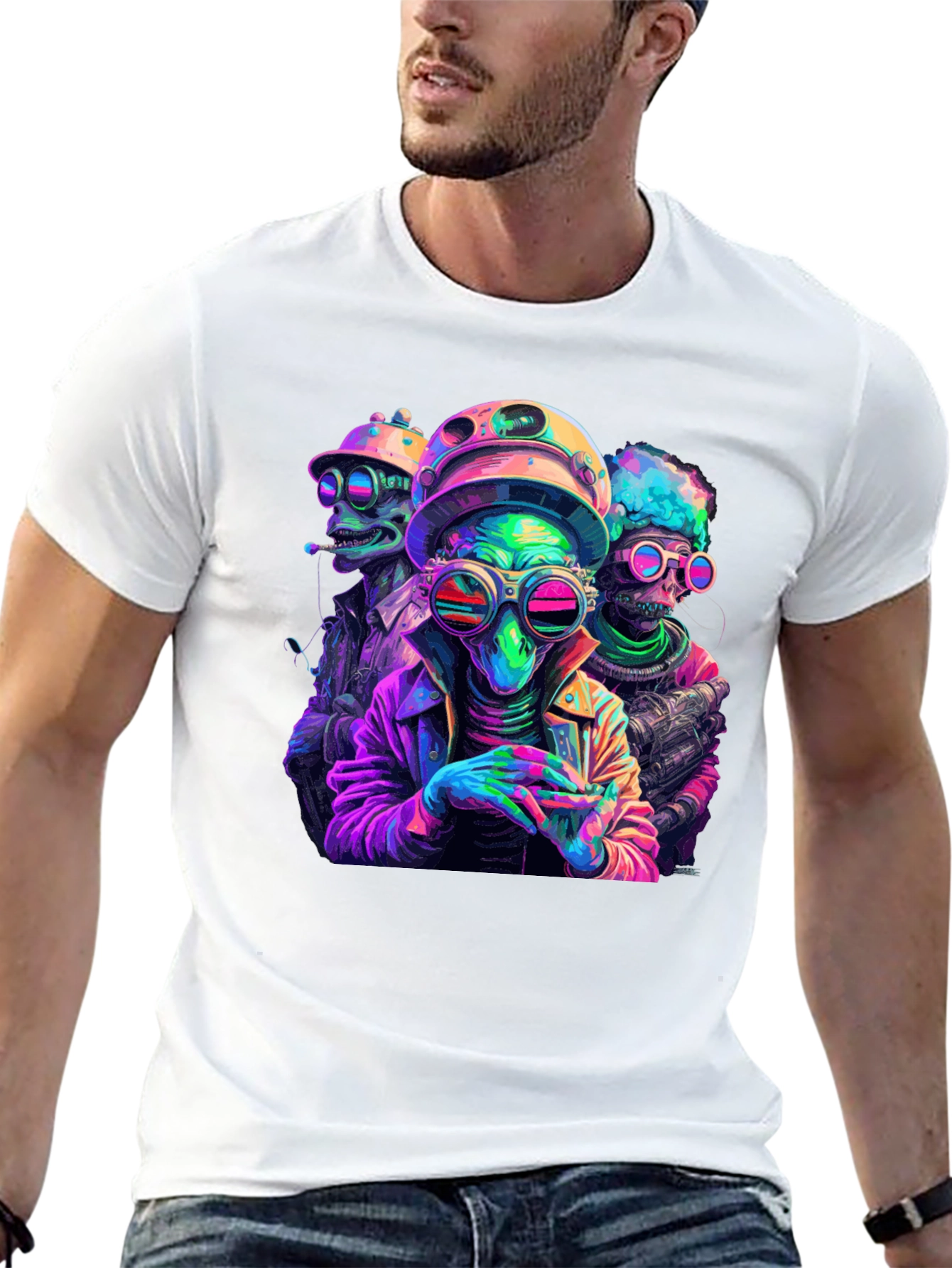 Neon Alien Crew T-Shirt - Black Cotton Blend