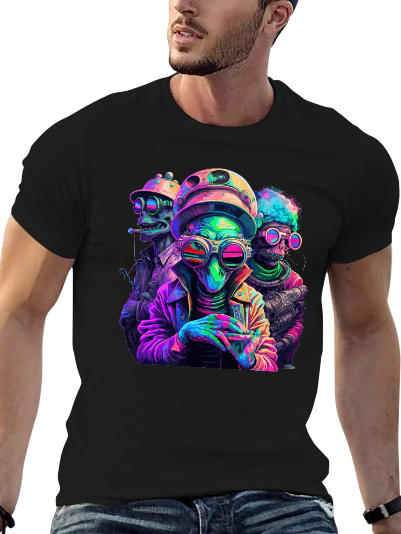 Neon Alien Crew T-Shirt - Black Cotton Blend