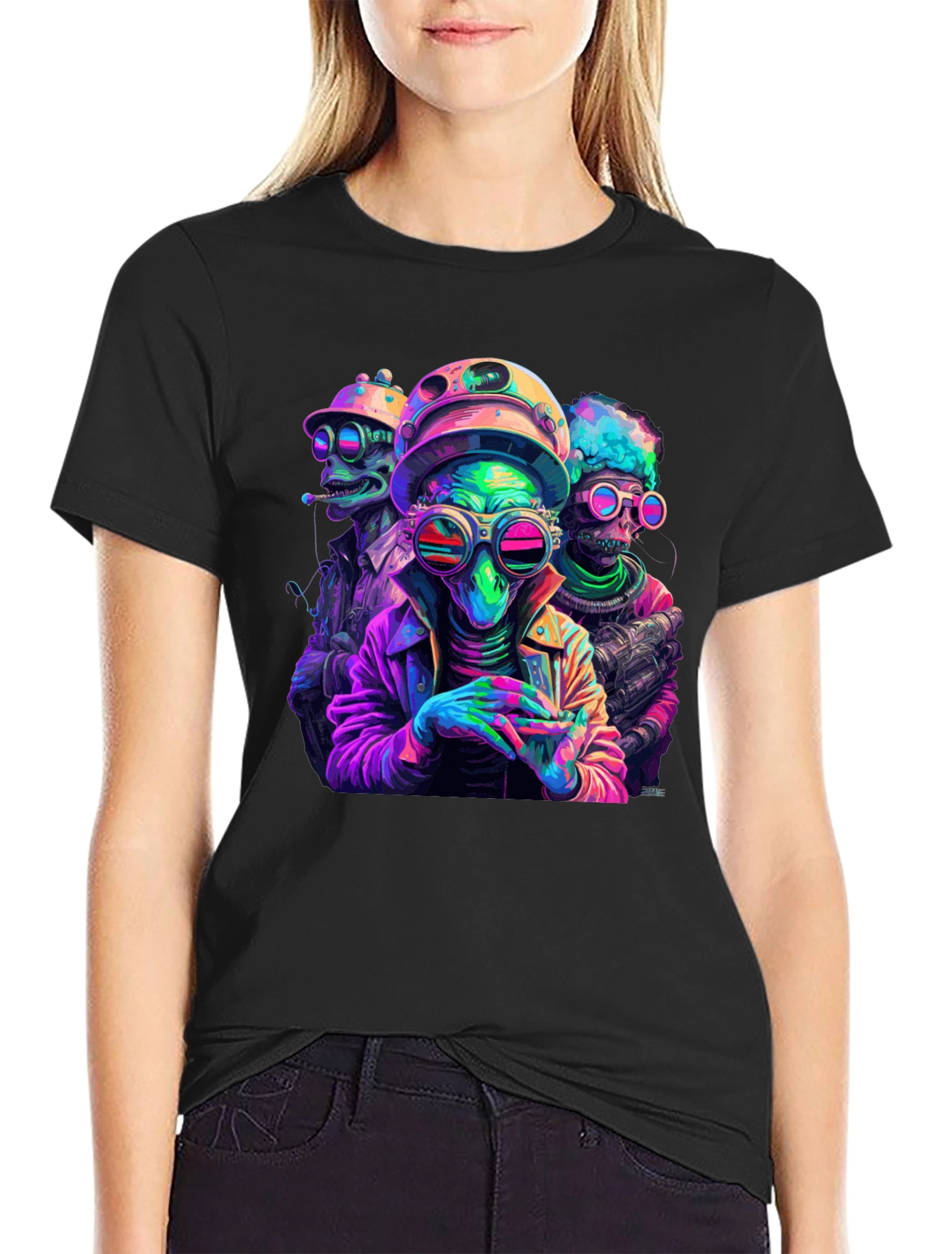 Neon Alien Crew T-Shirt - Black Cotton Blend