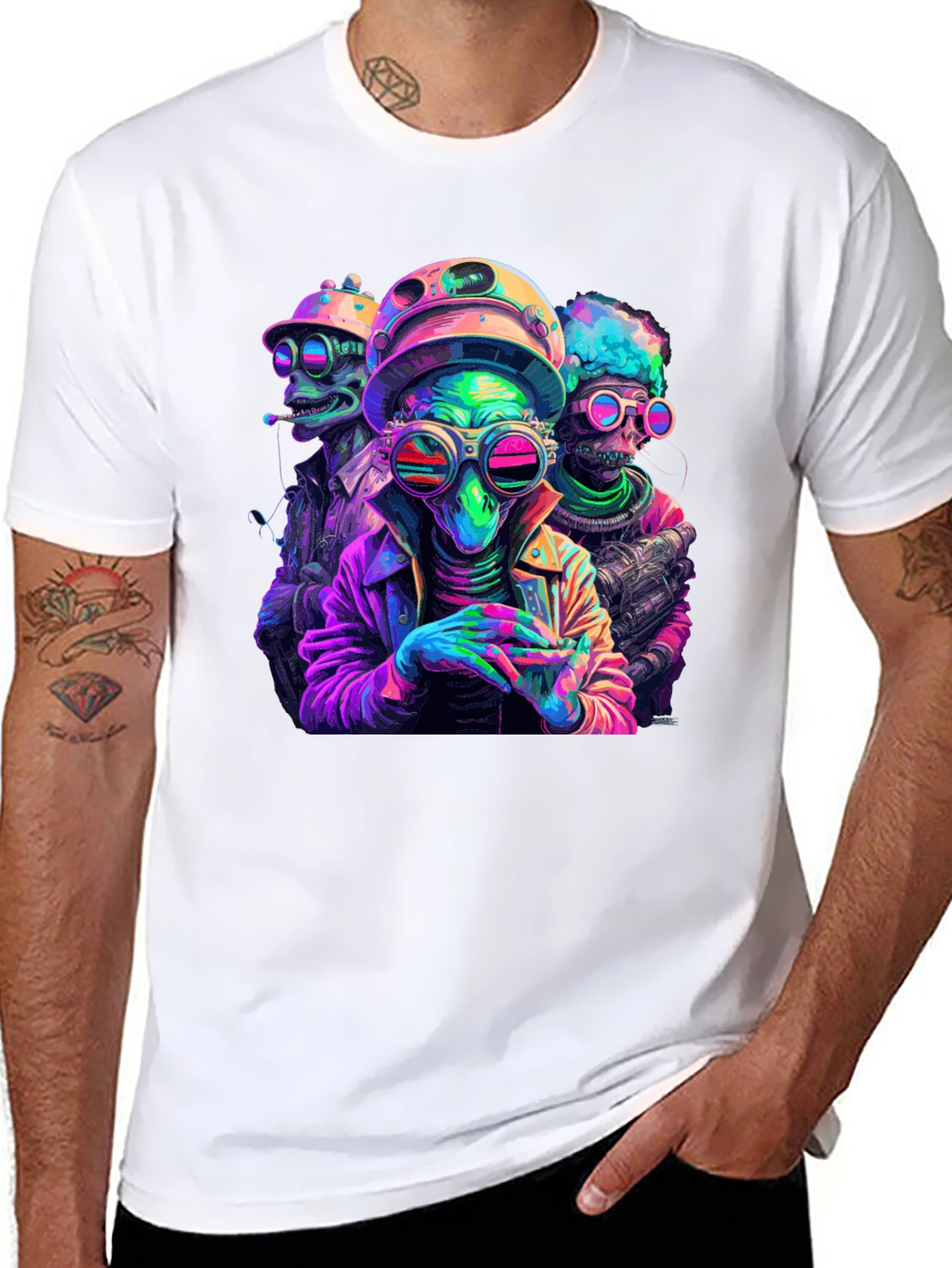 Neon Alien Crew T-Shirt - Black Cotton Blend