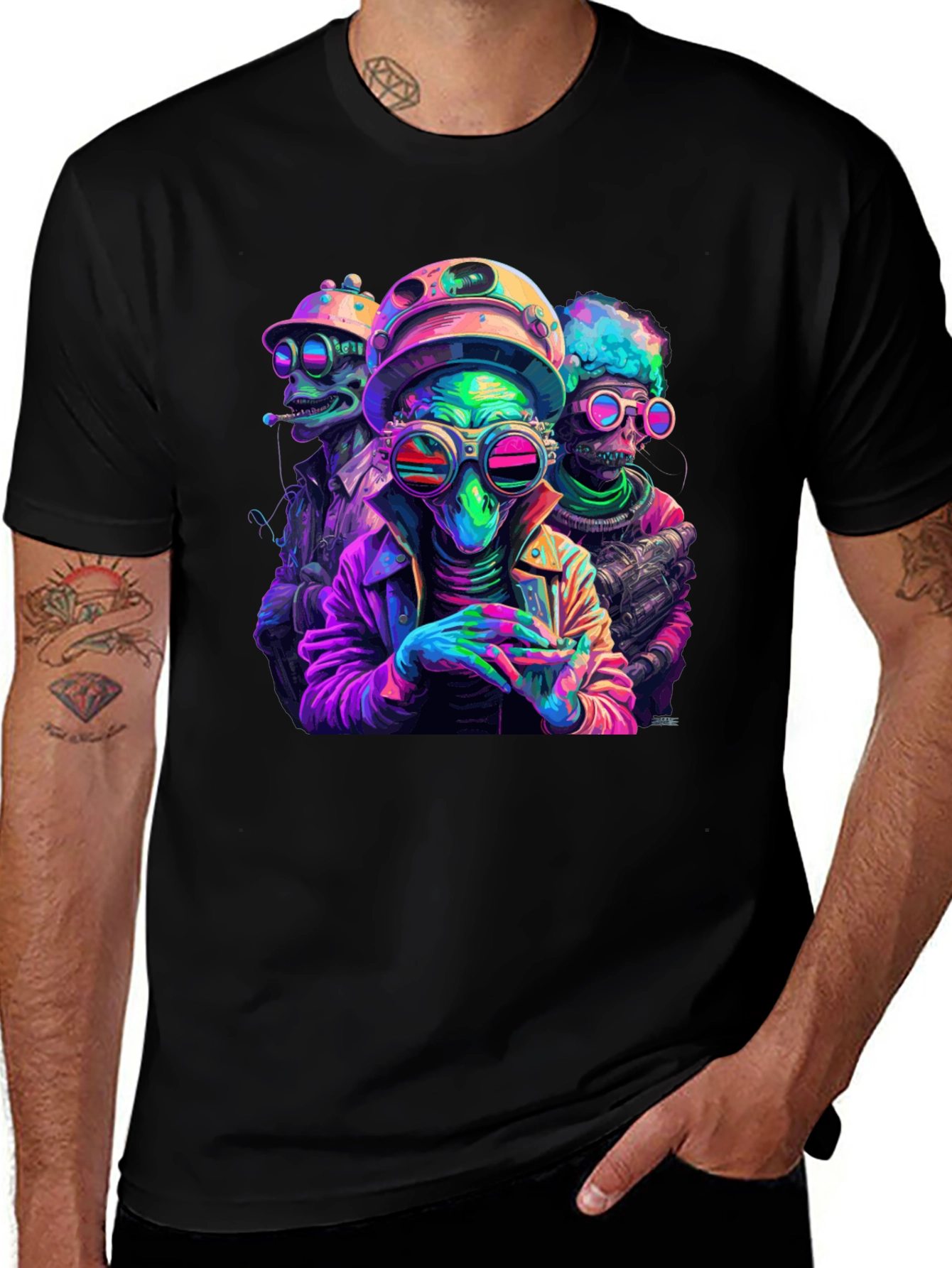 Neon Alien Crew T-Shirt - Black Cotton Blend