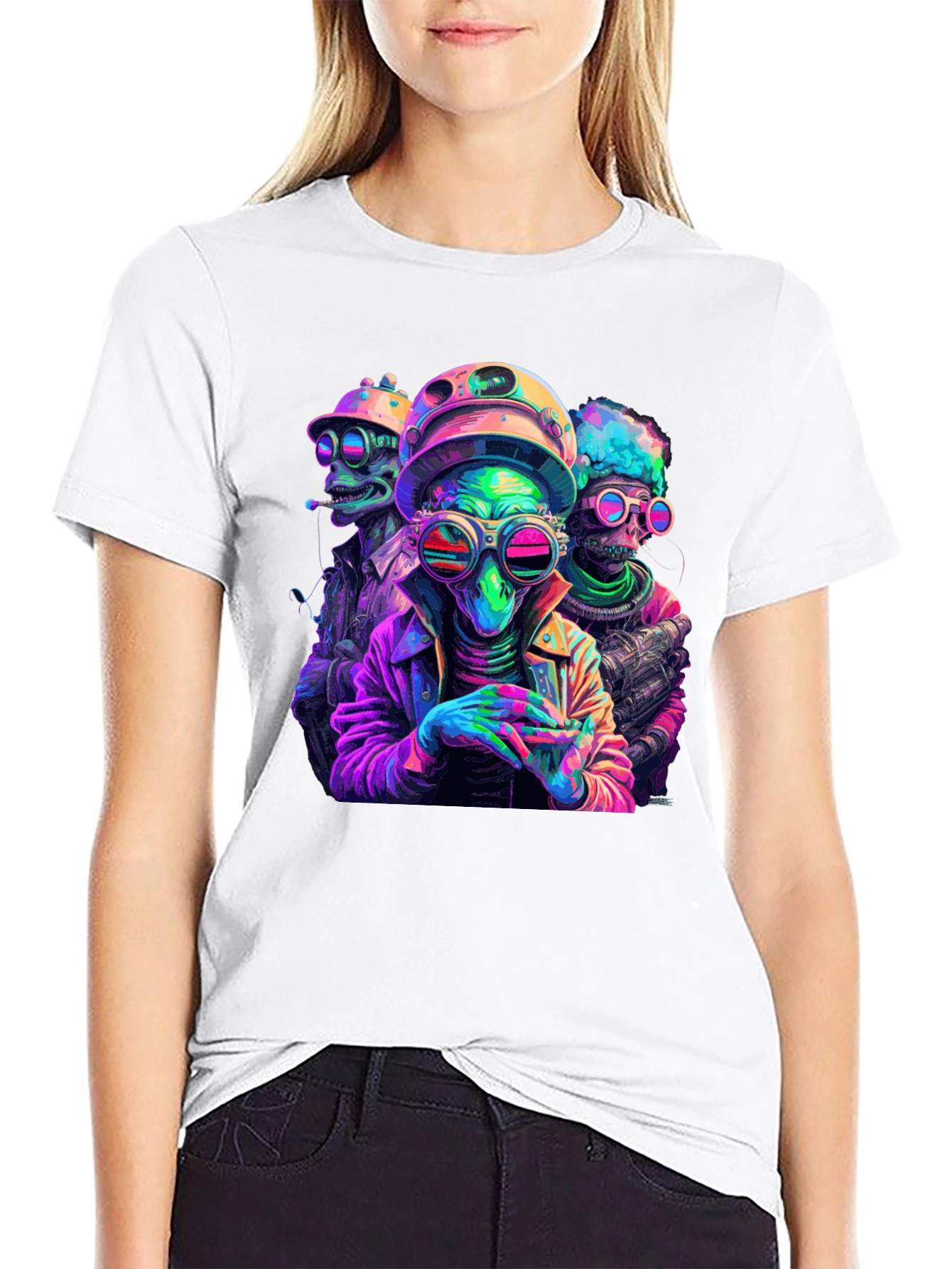 Neon Alien Crew T-Shirt - Black Cotton Blend