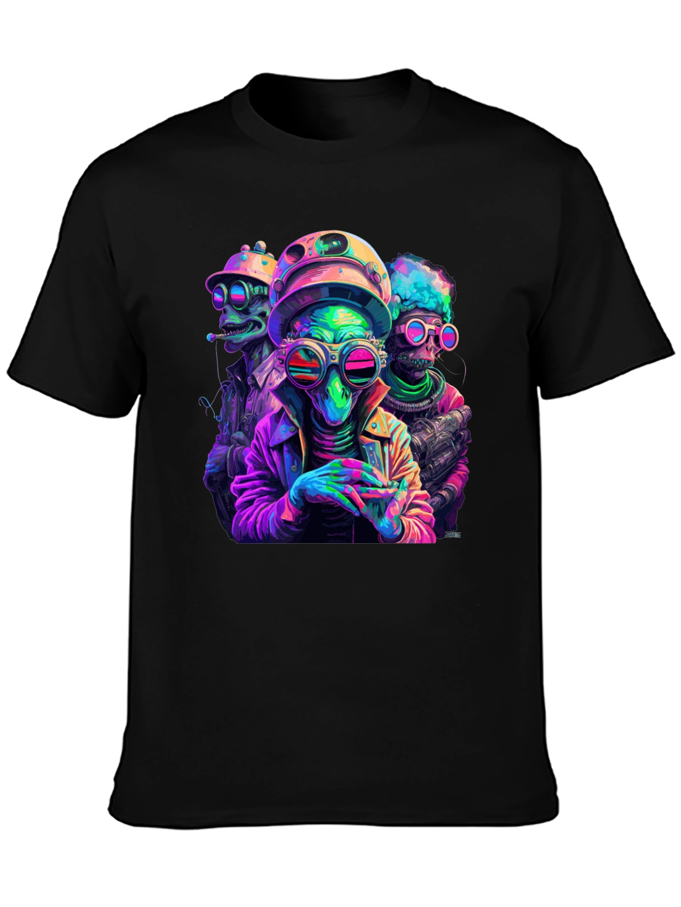 Neon Alien Crew T-Shirt - Black Cotton Blend