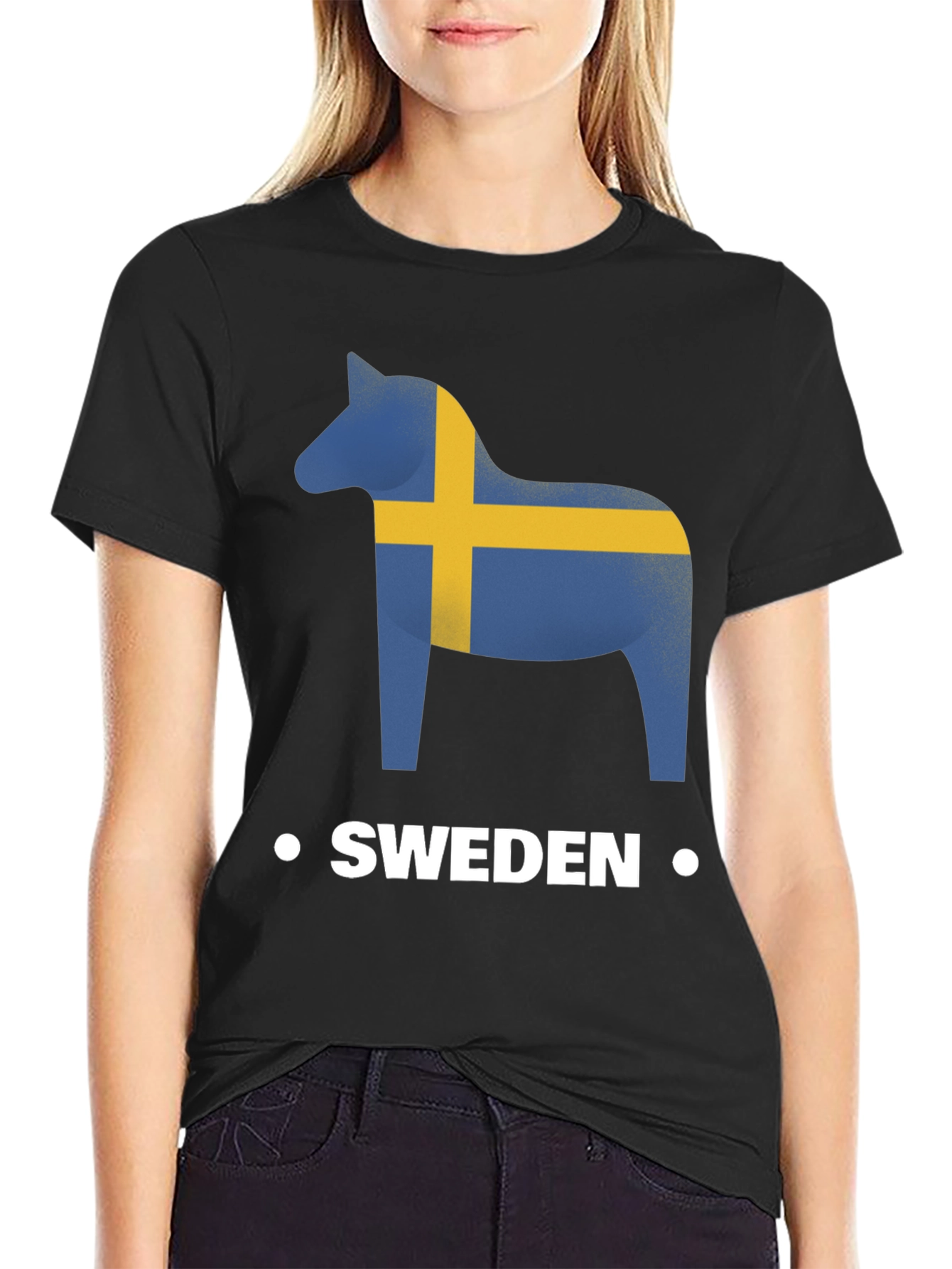 Sweden Flag Dala Horse Black T-Shirt
