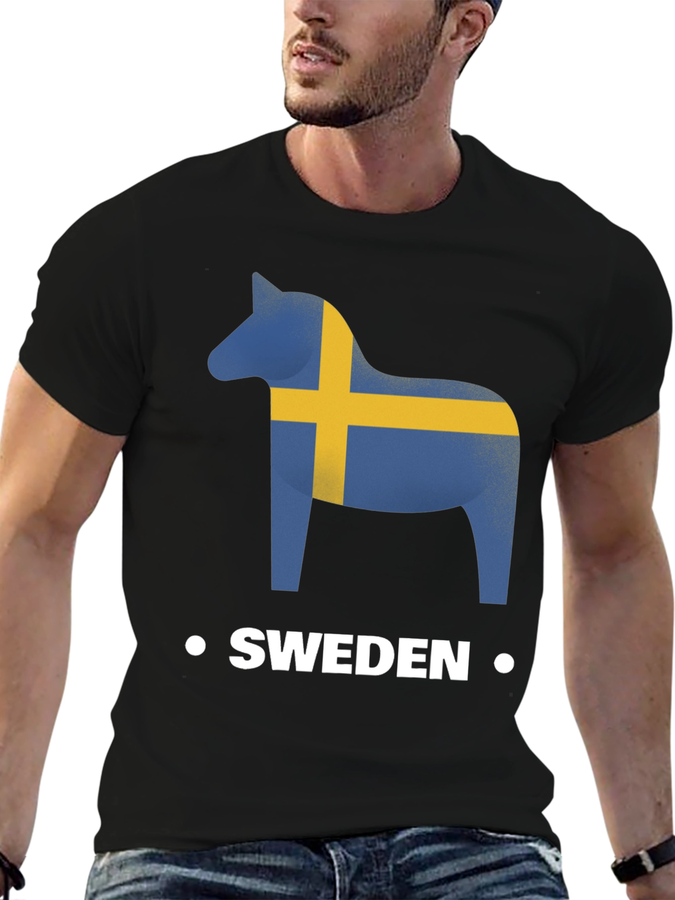 Sweden Flag Dala Horse Black T-Shirt