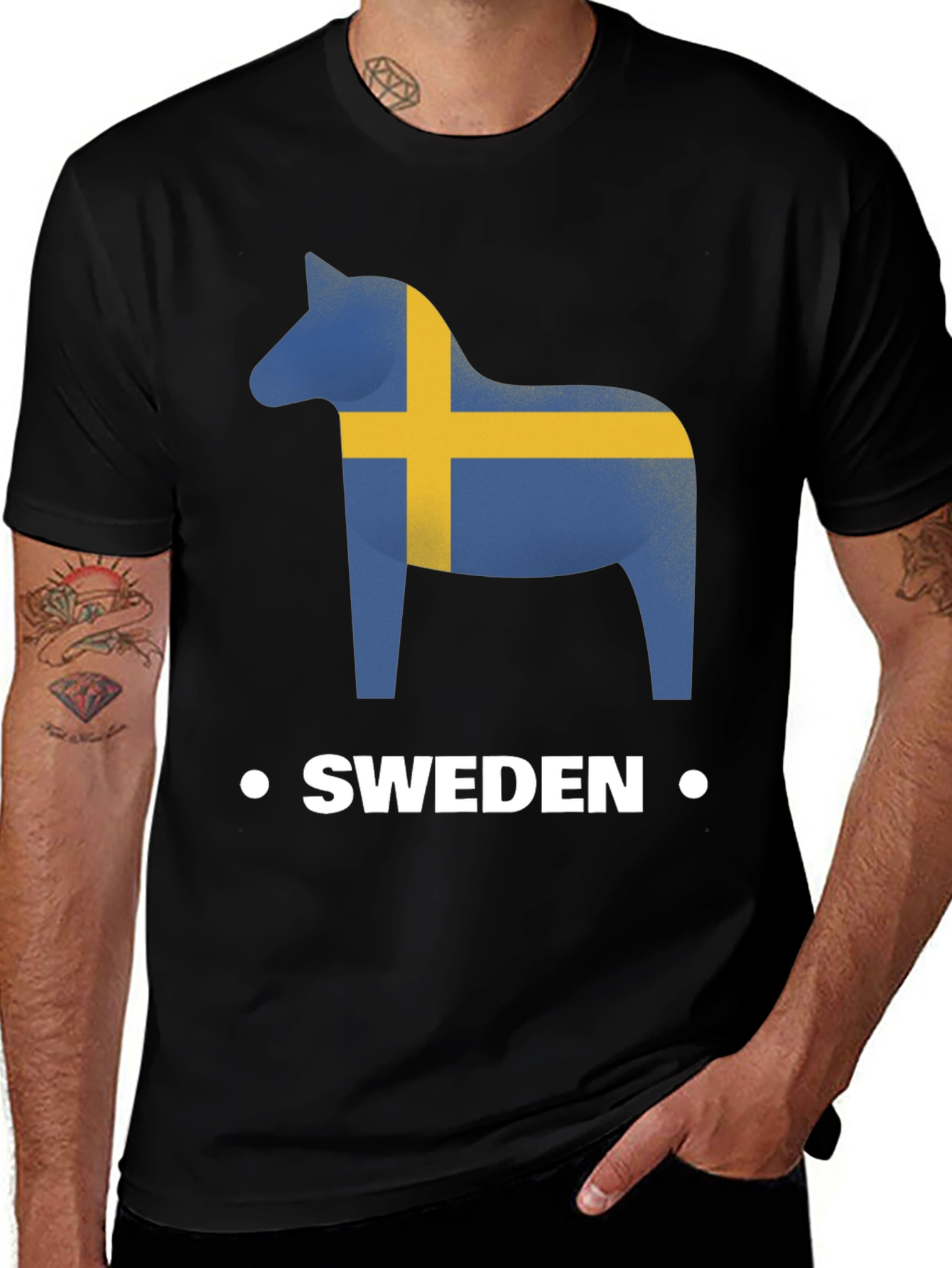 Sweden Flag Dala Horse Black T-Shirt