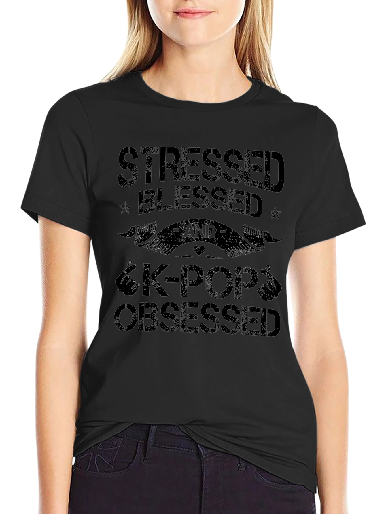 Stressed Blessed & K-Pop Obsessed Black T-Shirt