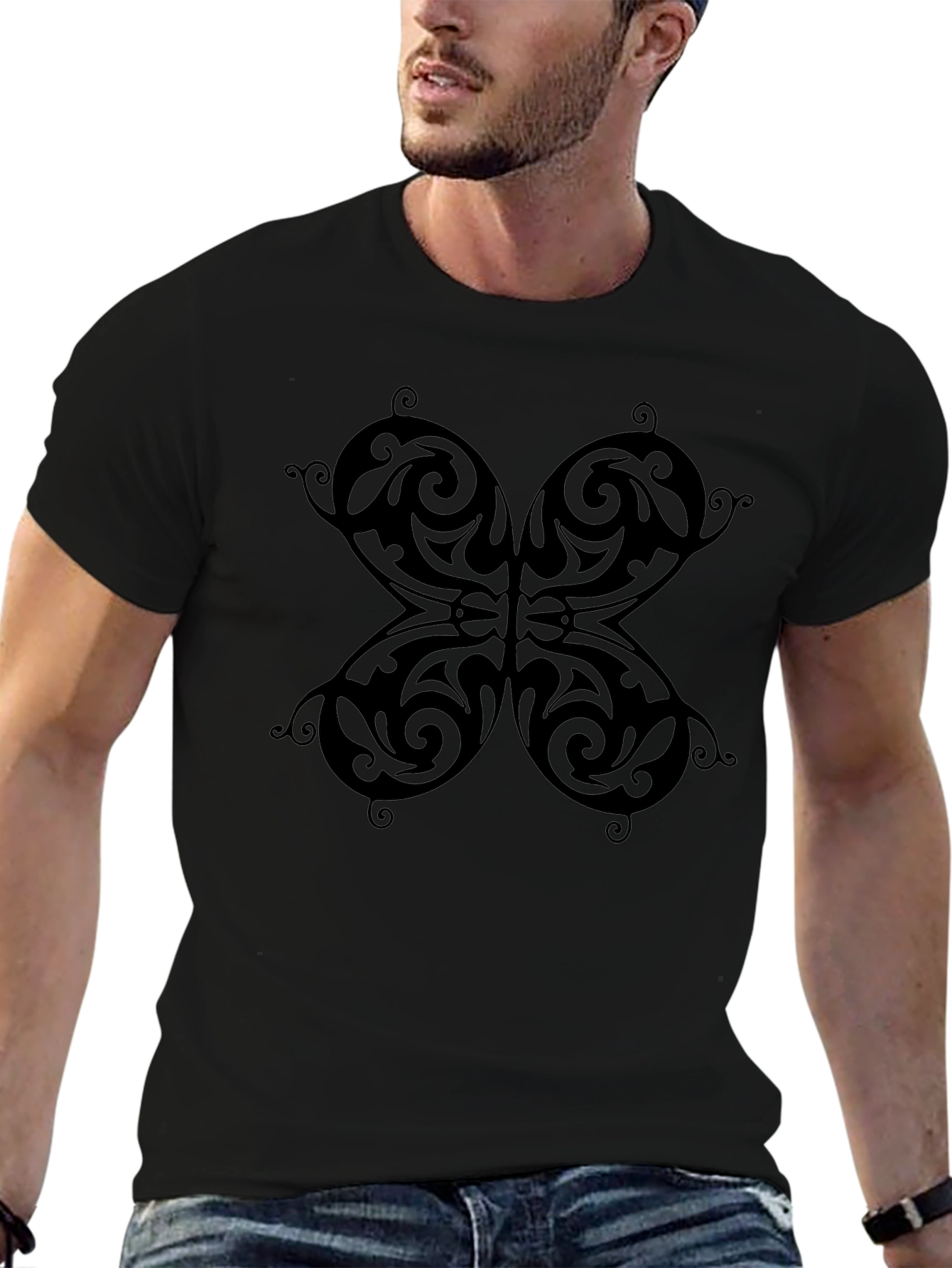 Tribal Butterfly Graphic Black T-Shirt