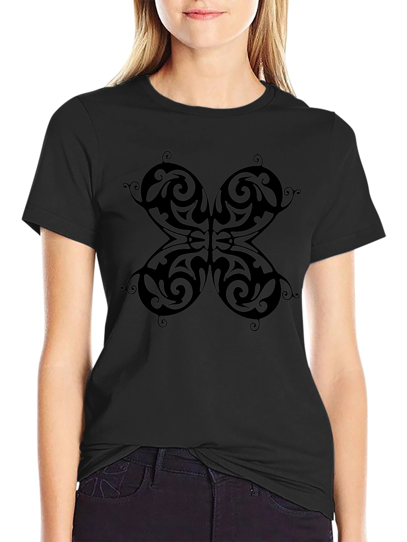 Tribal Butterfly Graphic Black T-Shirt