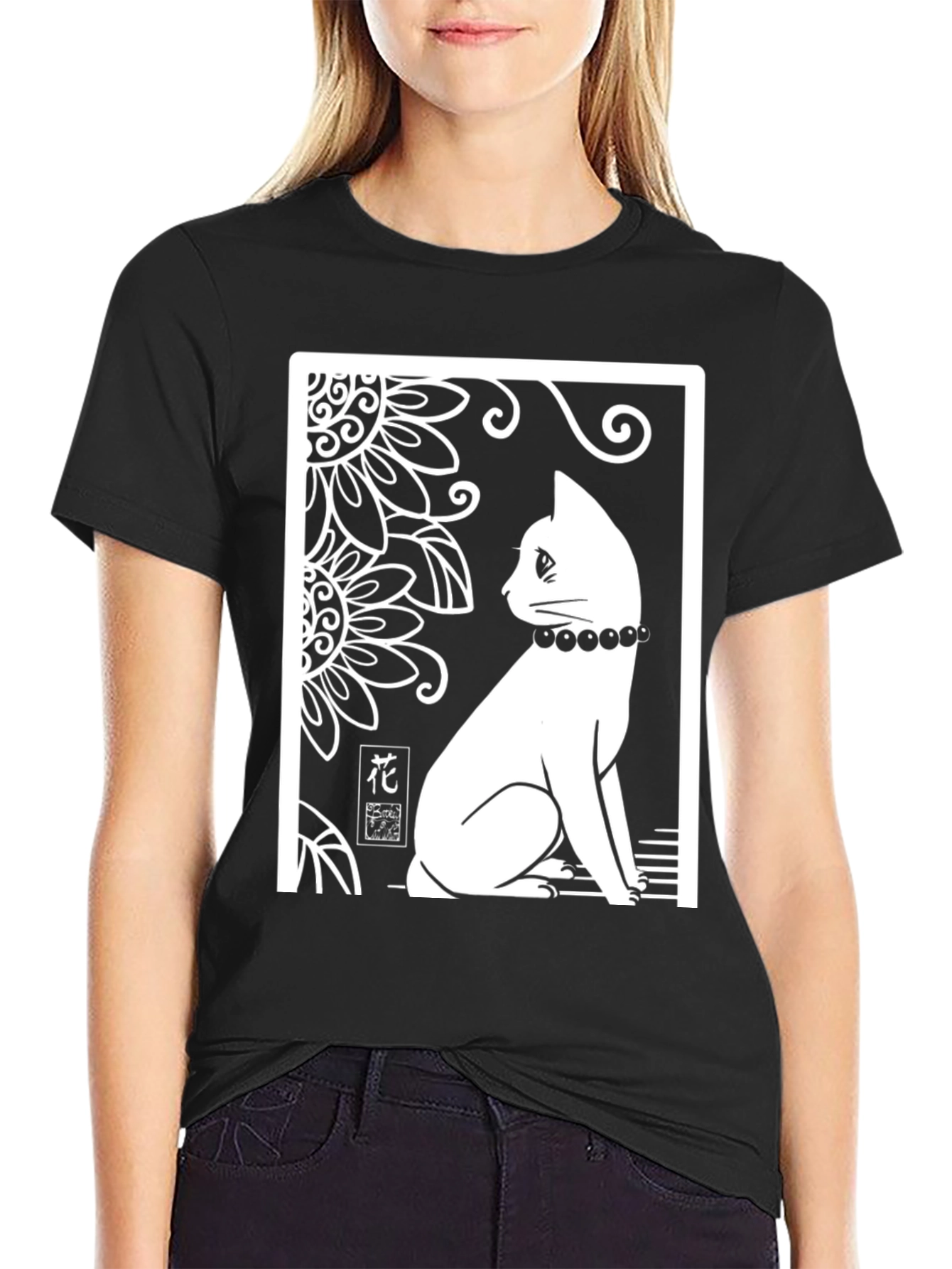 Elegant Cat Graphic T-Shirt - Black