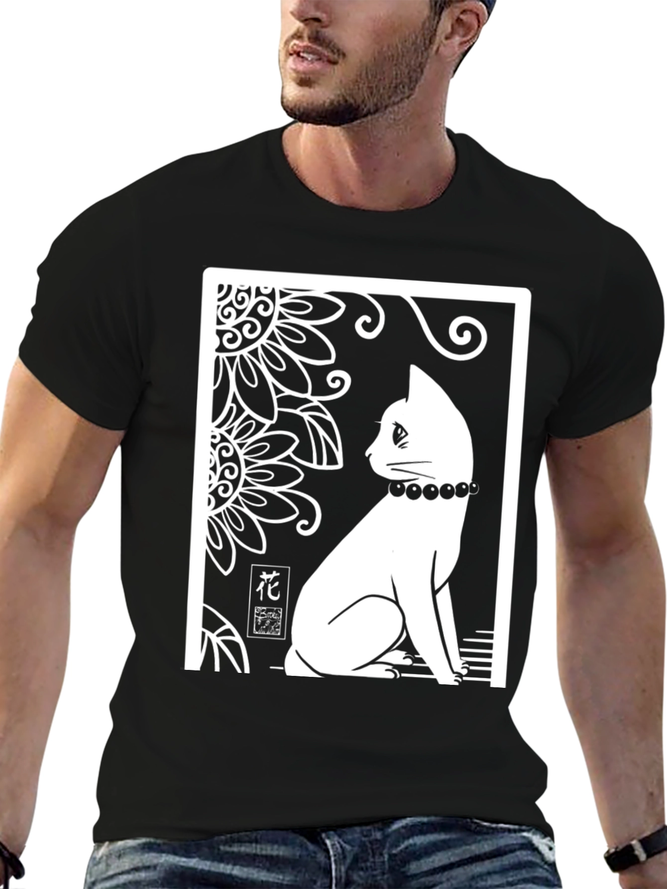 Elegant Cat Graphic T-Shirt - Black