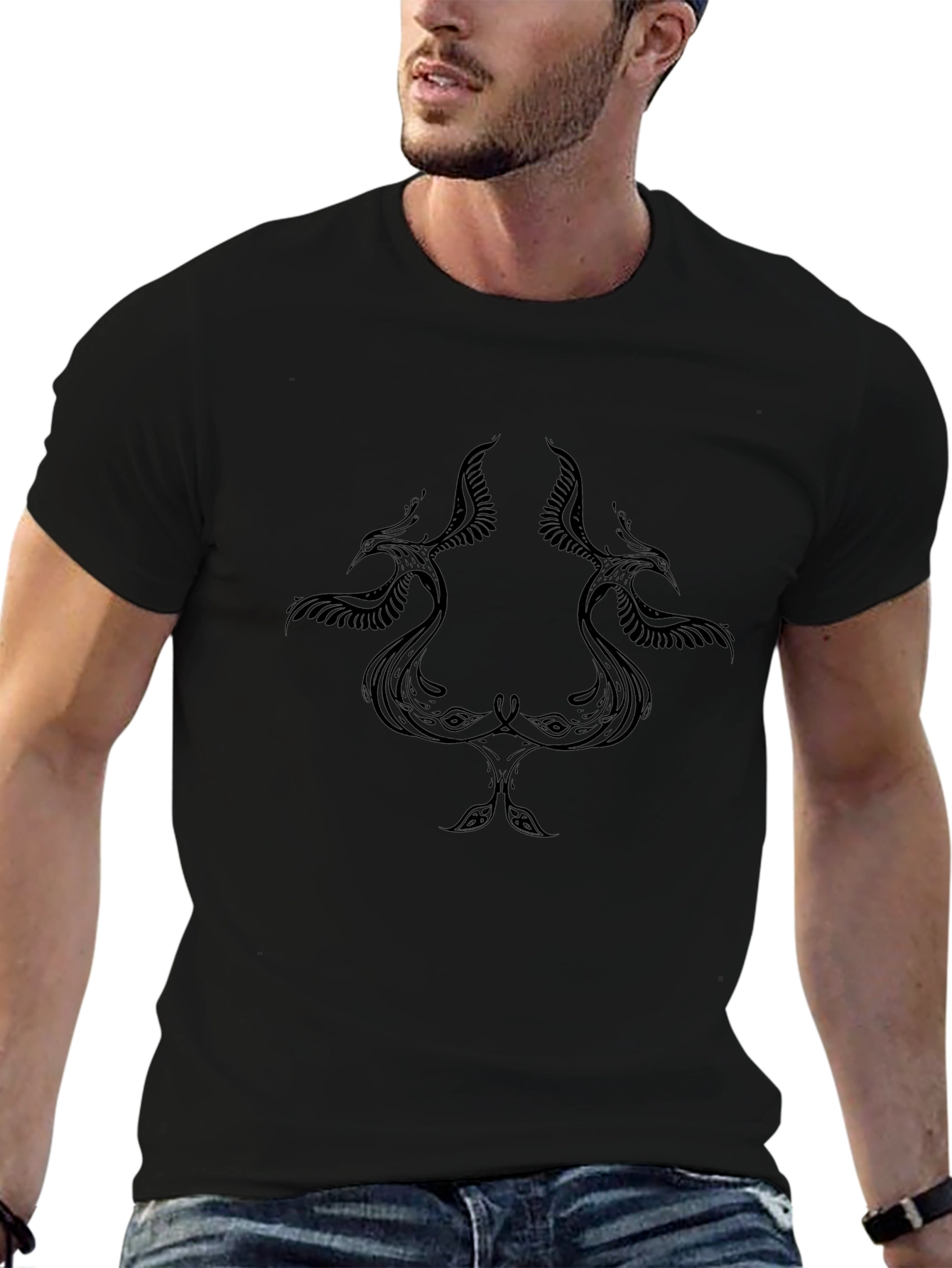 Black T-Shirt with Bird Design