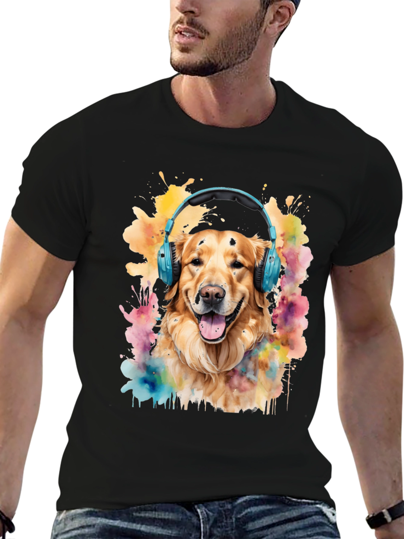 Dog with Headphones Graphic Tee - Trendy Mens T-Shirt