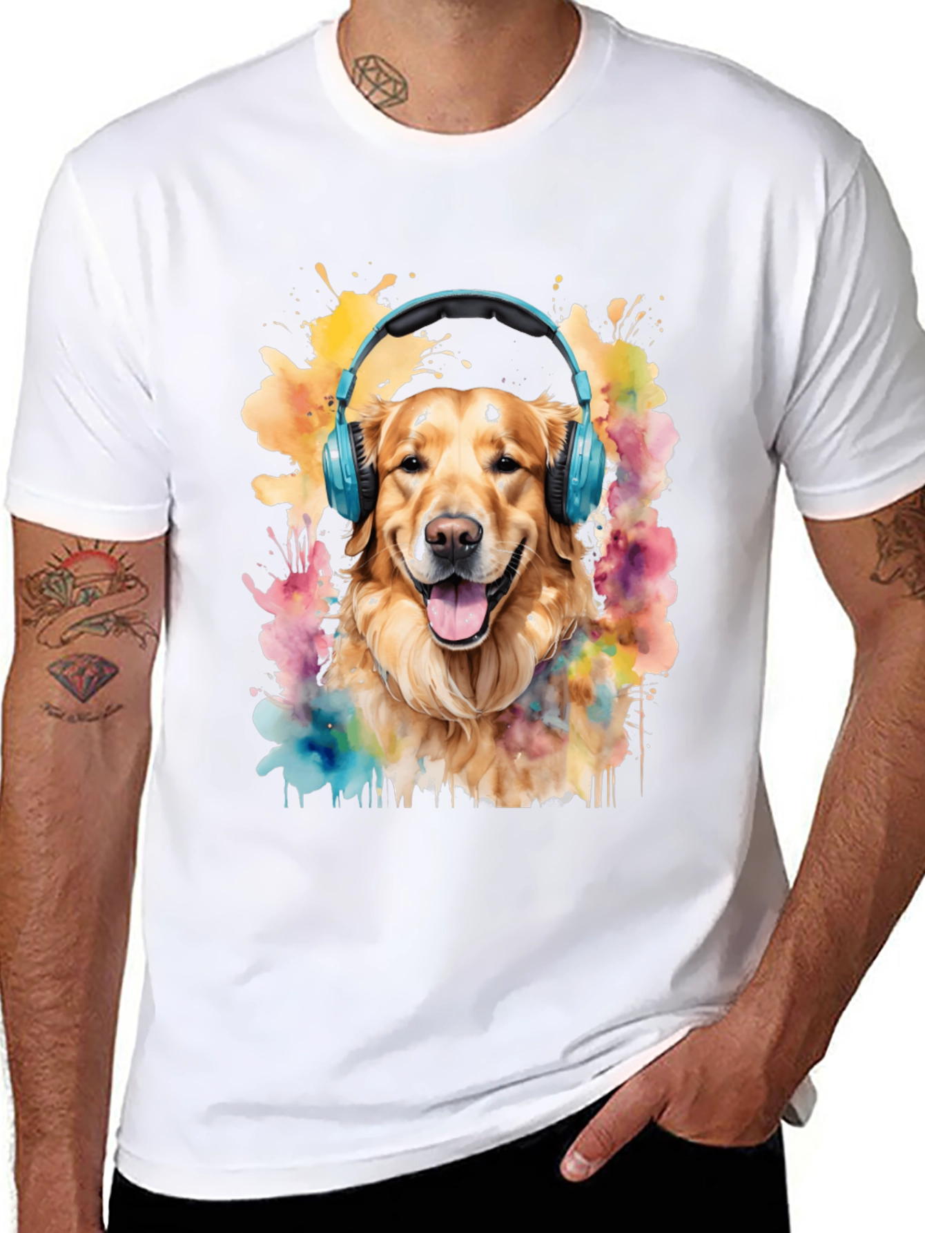 Dog with Headphones Graphic Tee - Trendy Mens T-Shirt