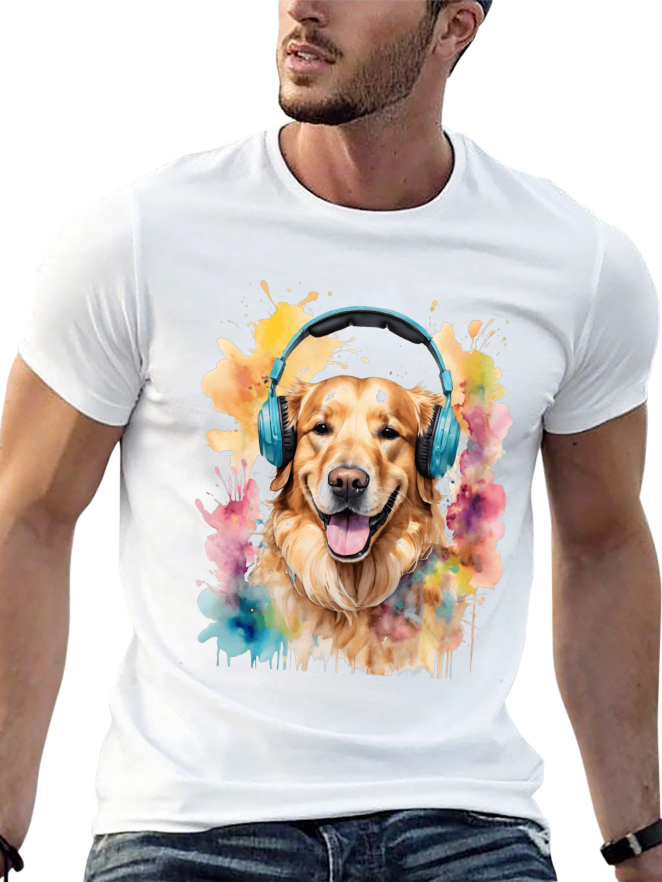Dog with Headphones Graphic Tee - Trendy Mens T-Shirt
