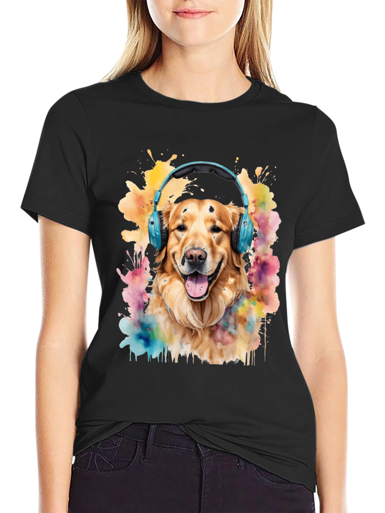 Dog with Headphones Graphic Tee - Trendy Mens T-Shirt
