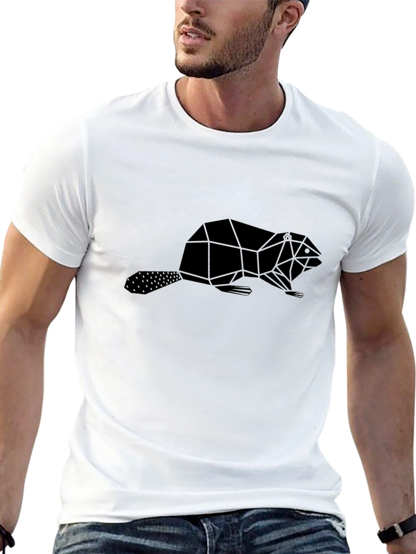 Geometric Beaver Graphic Tee - Black Crew Neck