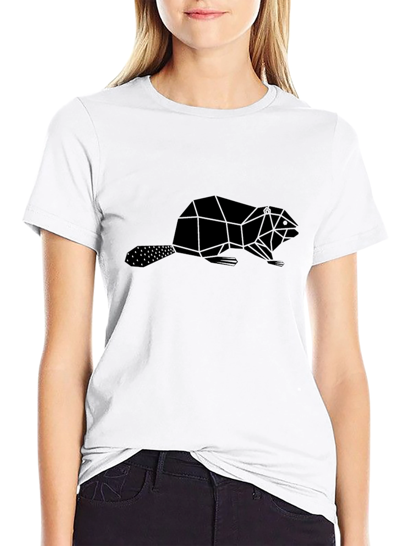 Geometric Beaver Graphic Tee - Black Crew Neck