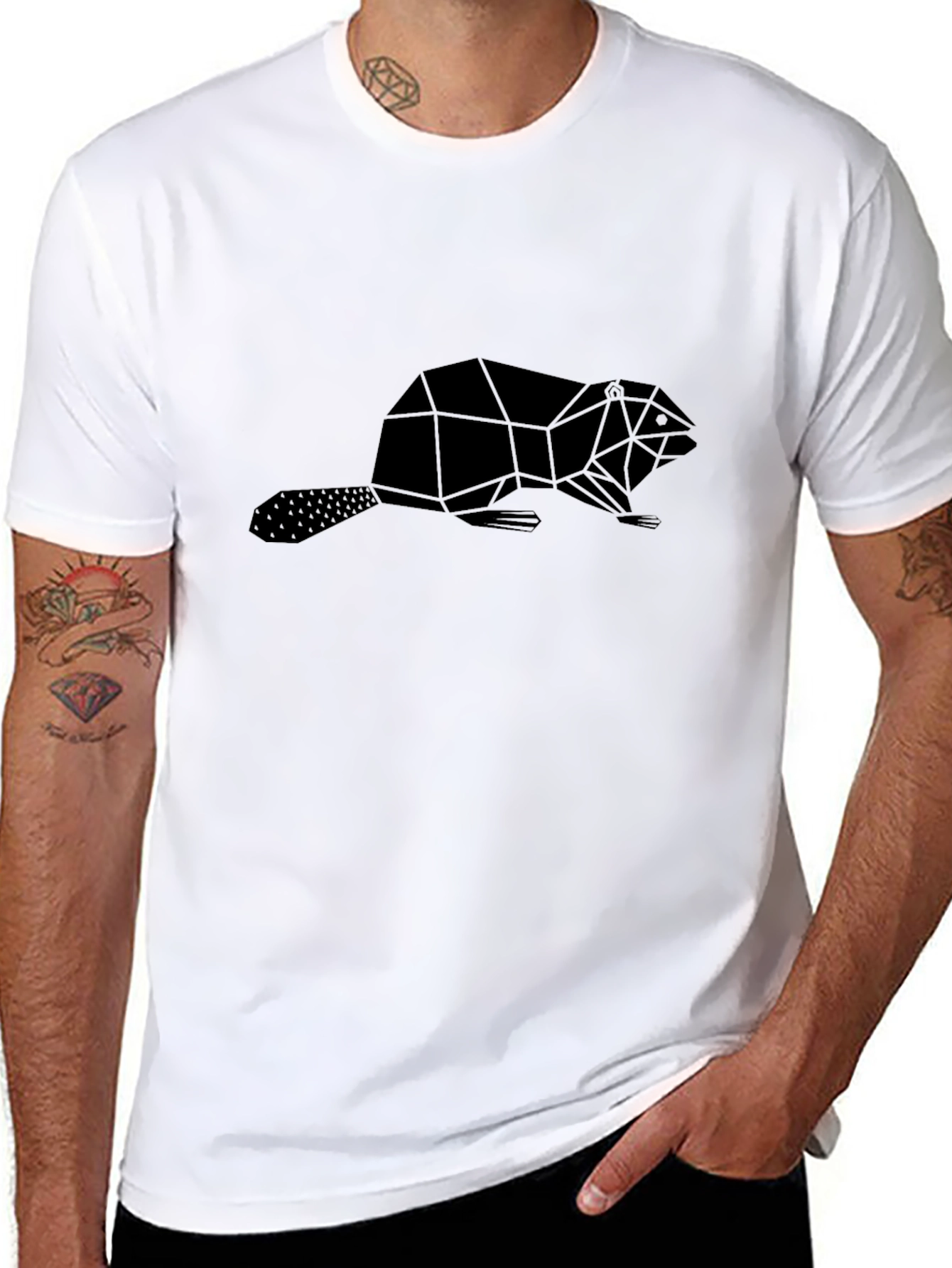 Geometric Beaver Graphic Tee - Black Crew Neck