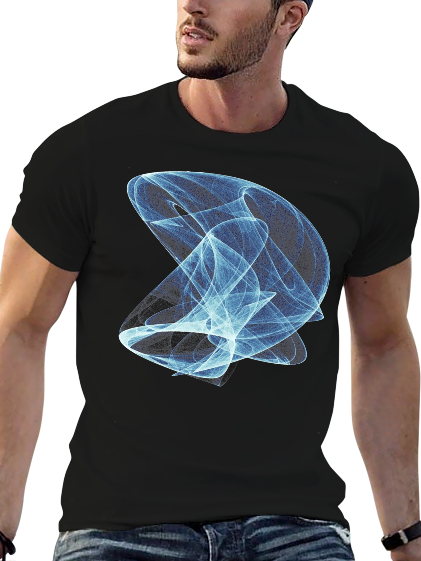Abstract Blue Vortex Graphic Print Black T-Shirt