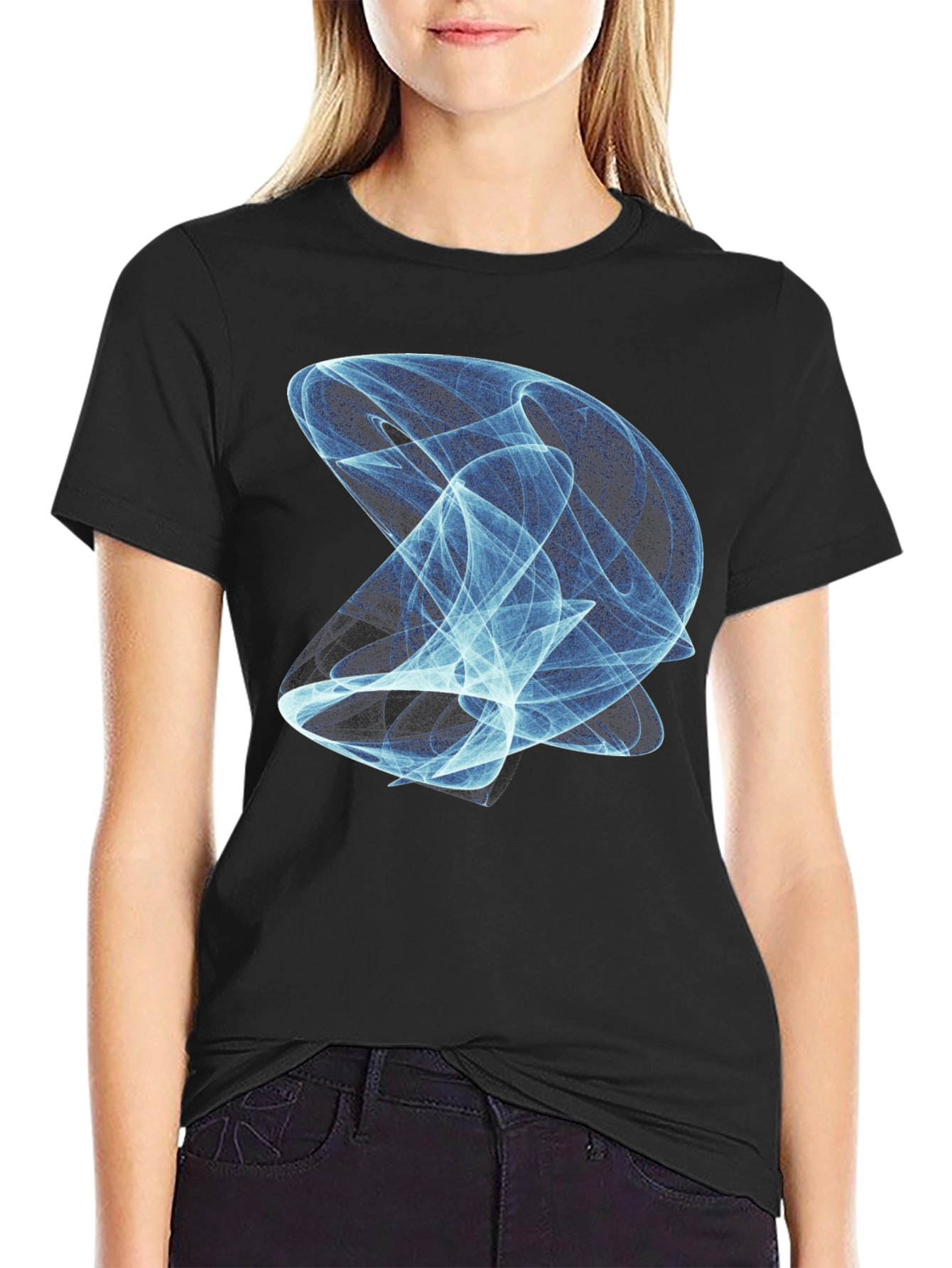 Abstract Blue Vortex Graphic Print Black T-Shirt