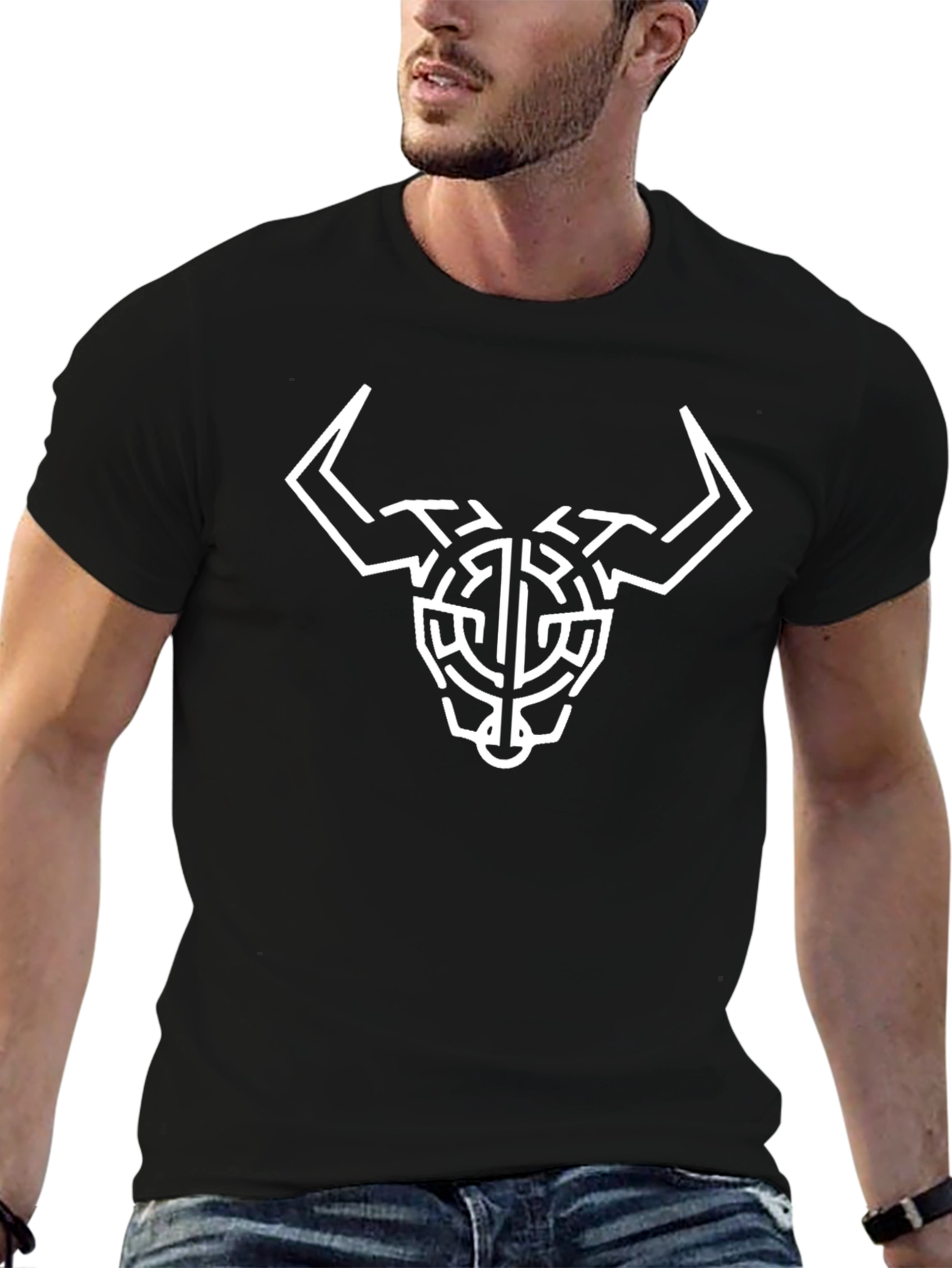 Geometric Bull Skull Graphic Tee - Black