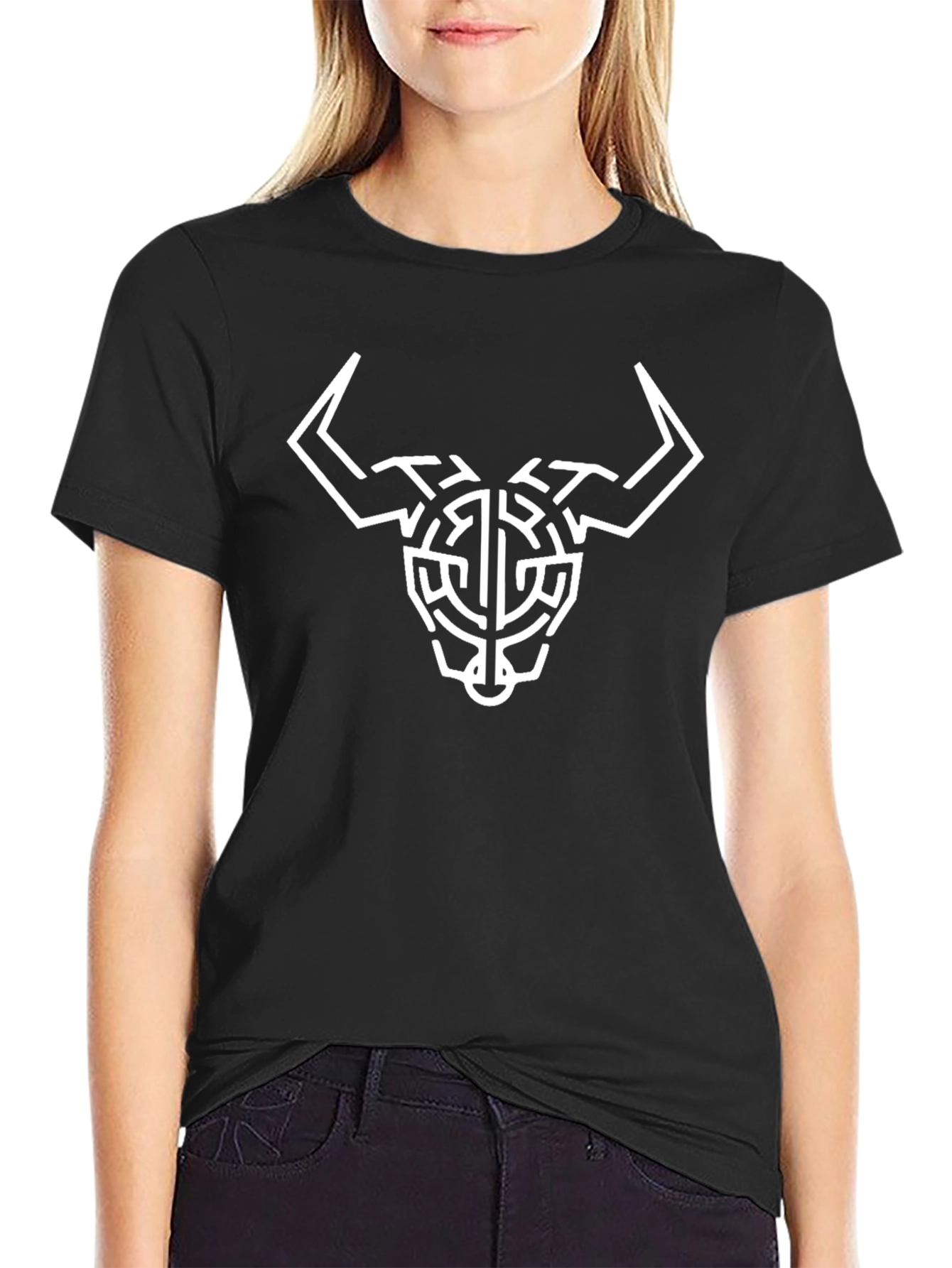 Geometric Bull Skull Graphic Tee - Black