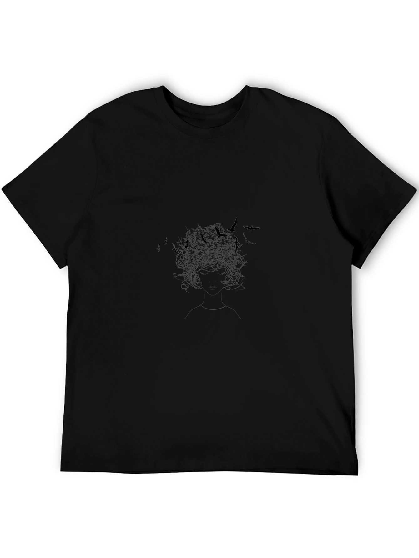 Black Graphic Print Tee - Birds and Hair Silhouette