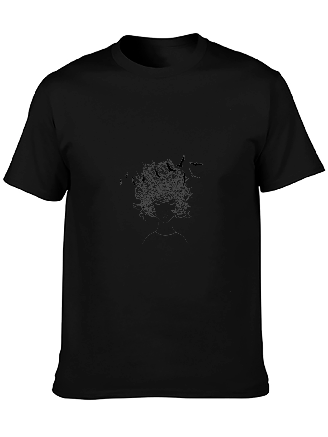 Black Graphic Print Tee - Birds and Hair Silhouette