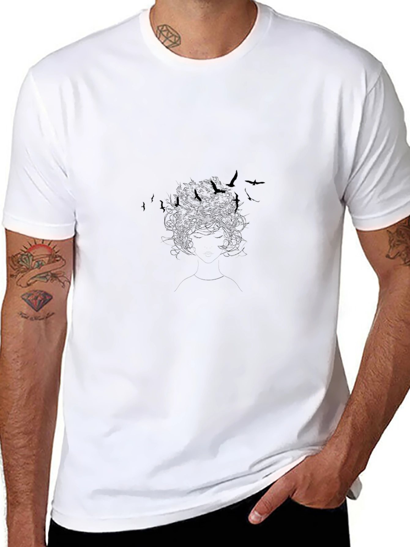 Black Graphic Print Tee - Birds and Hair Silhouette