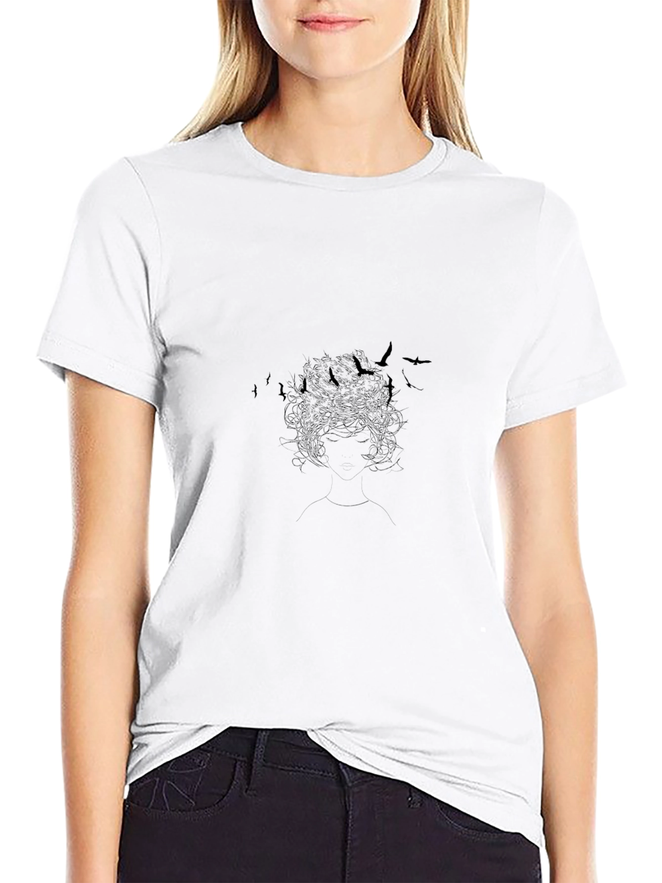 Black Graphic Print Tee - Birds and Hair Silhouette