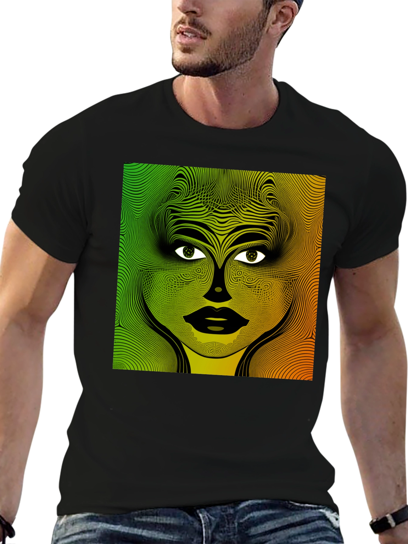 Abstract Face Graphic Print Mens Black T-Shirt