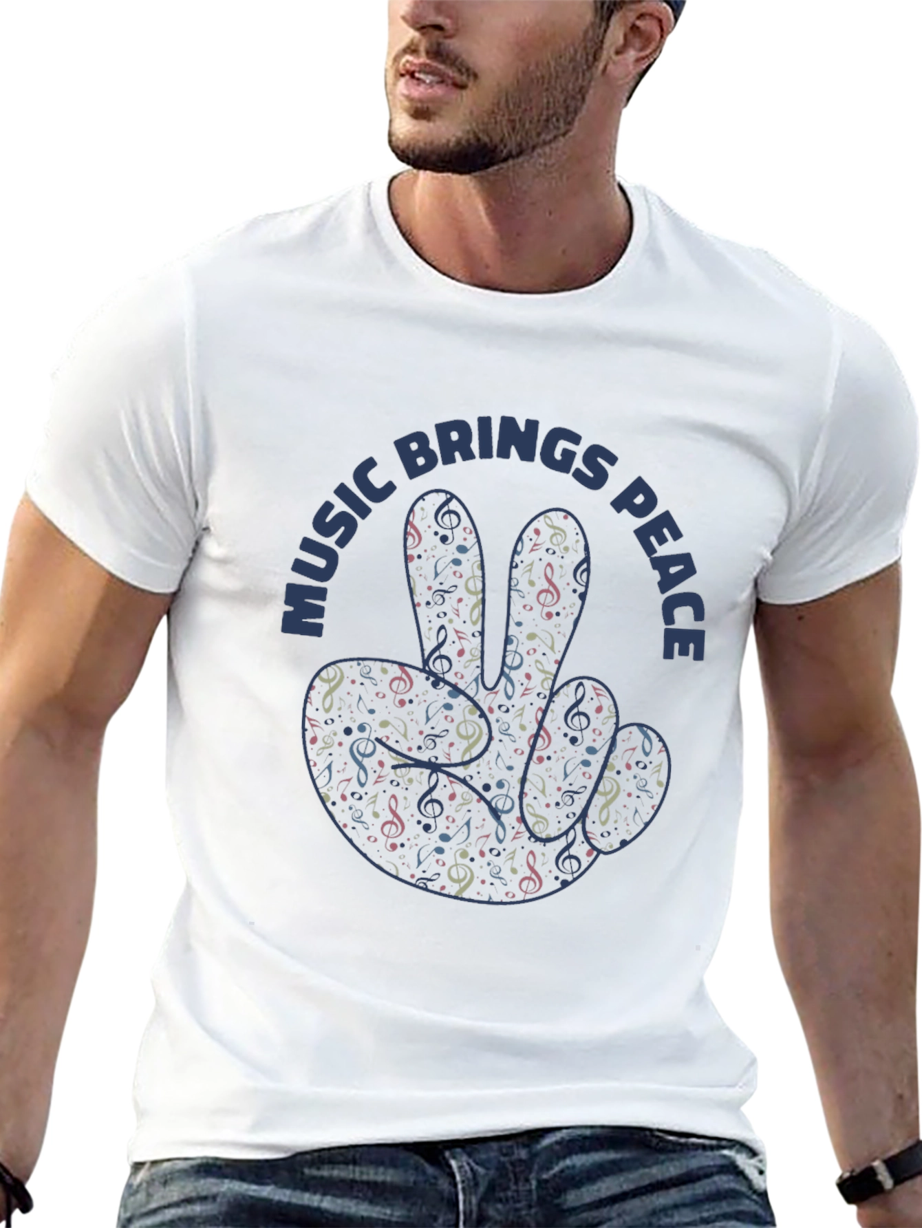 Music Brings Peace Graphic Print Black T-Shirt